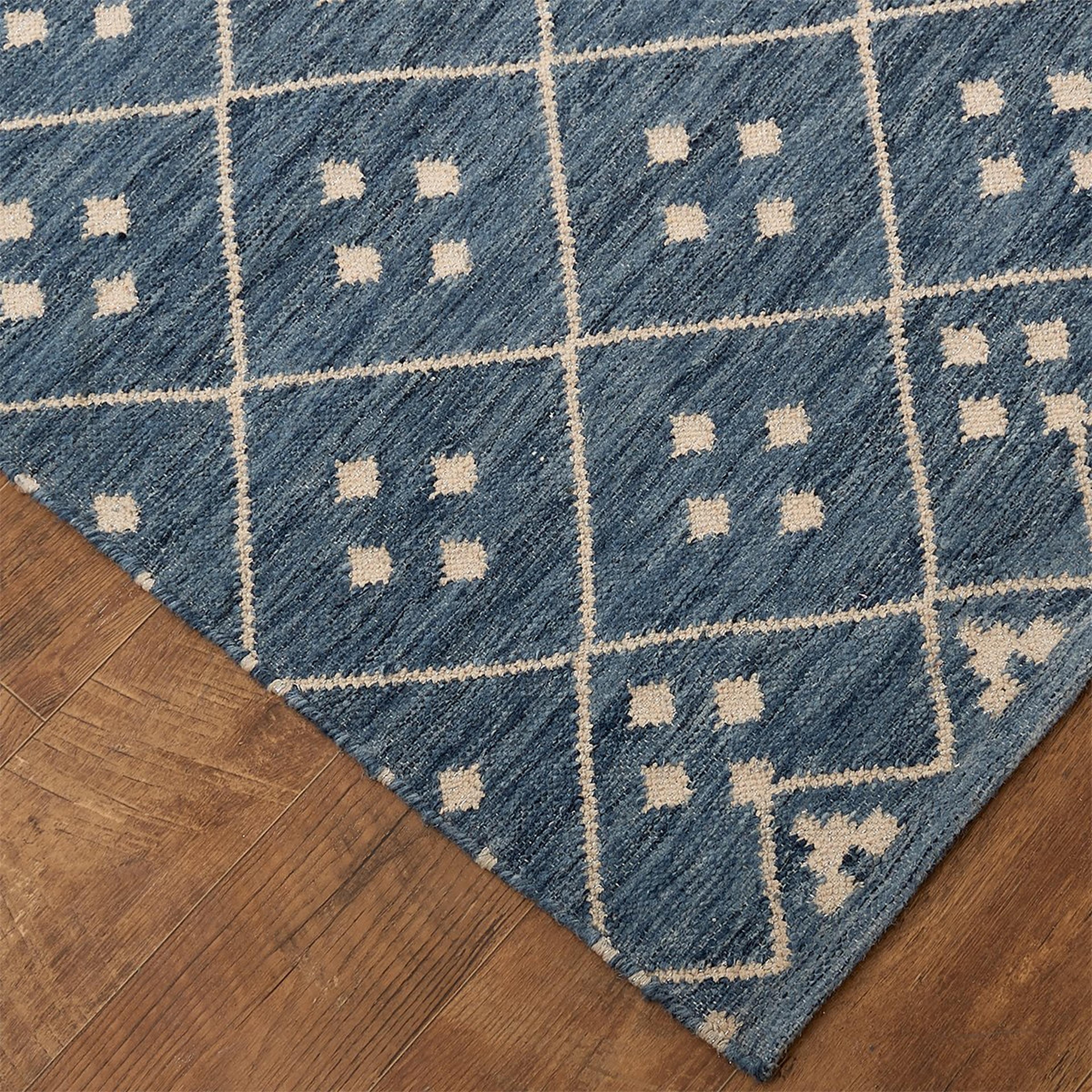 A Modern Moroccan Woven Rug with Denim Blue / Cream / Silver color
