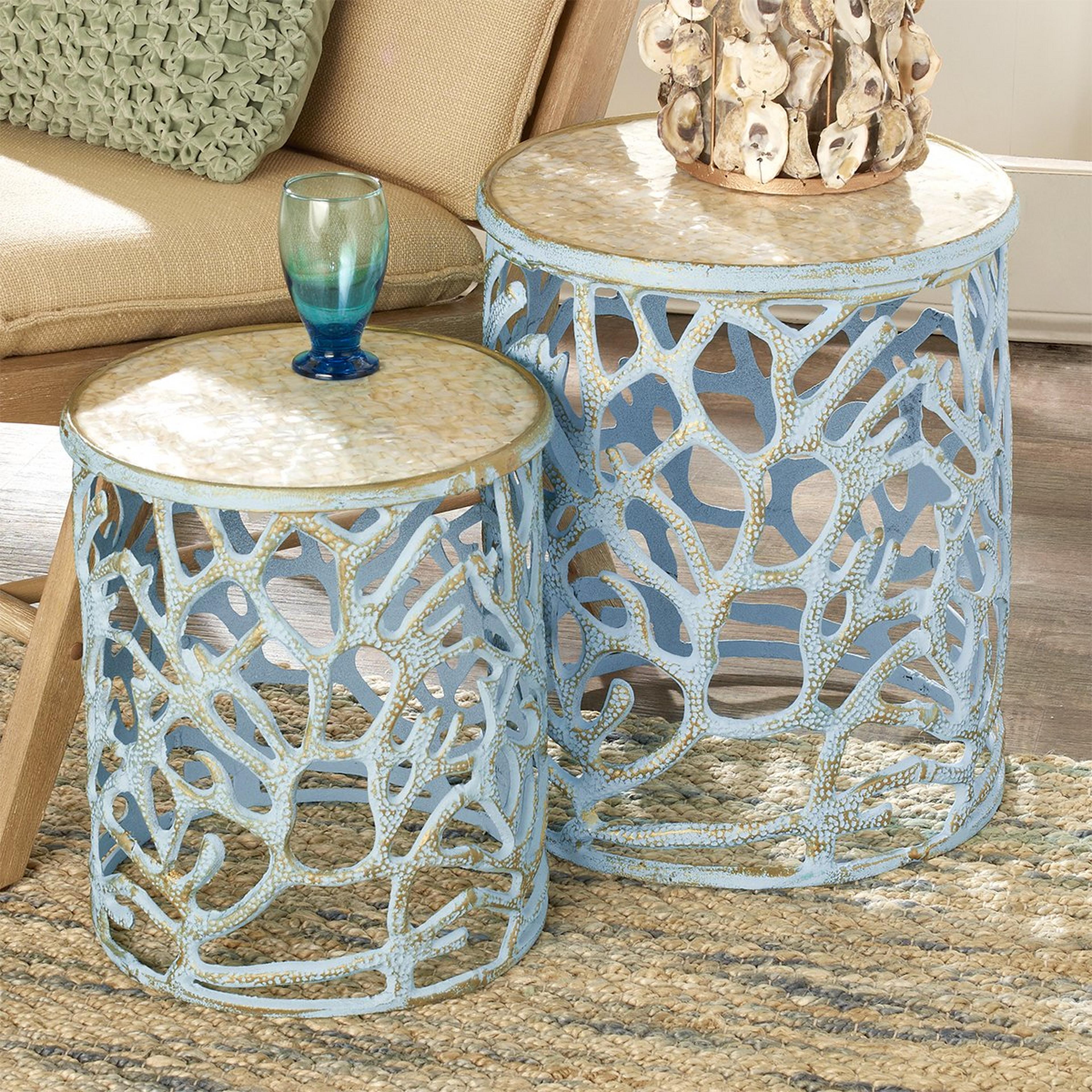 A Mother of Pearl Coral Accent Tables - Set of Two with Mother of Pearl / Weathered Blue  color