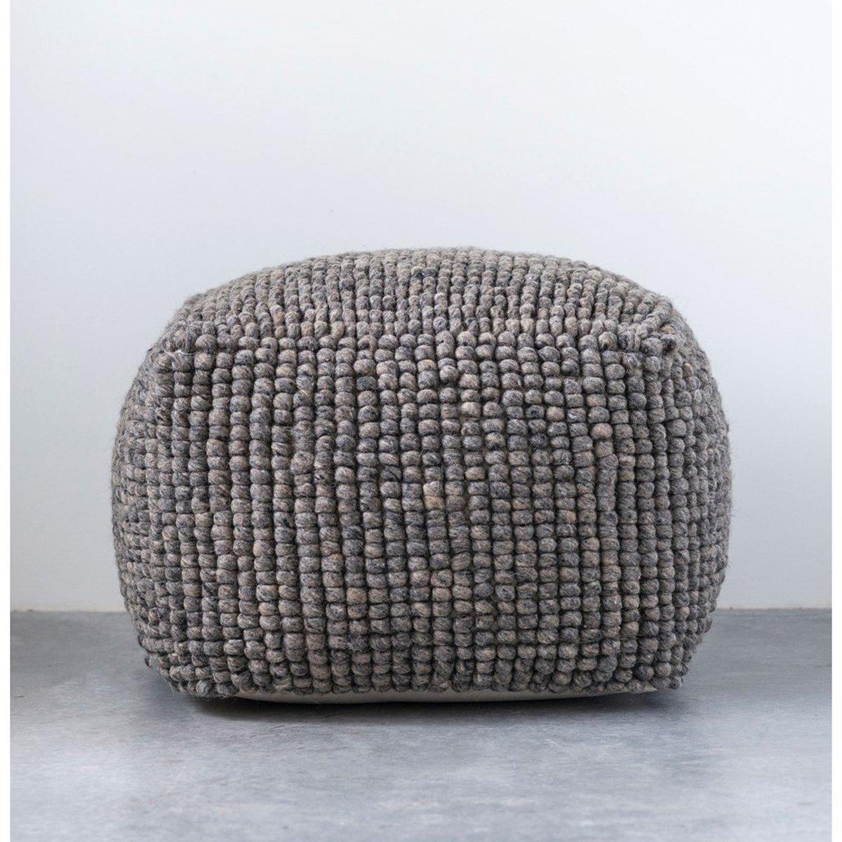 Textured Wool Pouf 16 H x 24 W x 24 D Gray Wool POLYESTER Furniture Traditional Shades of Light