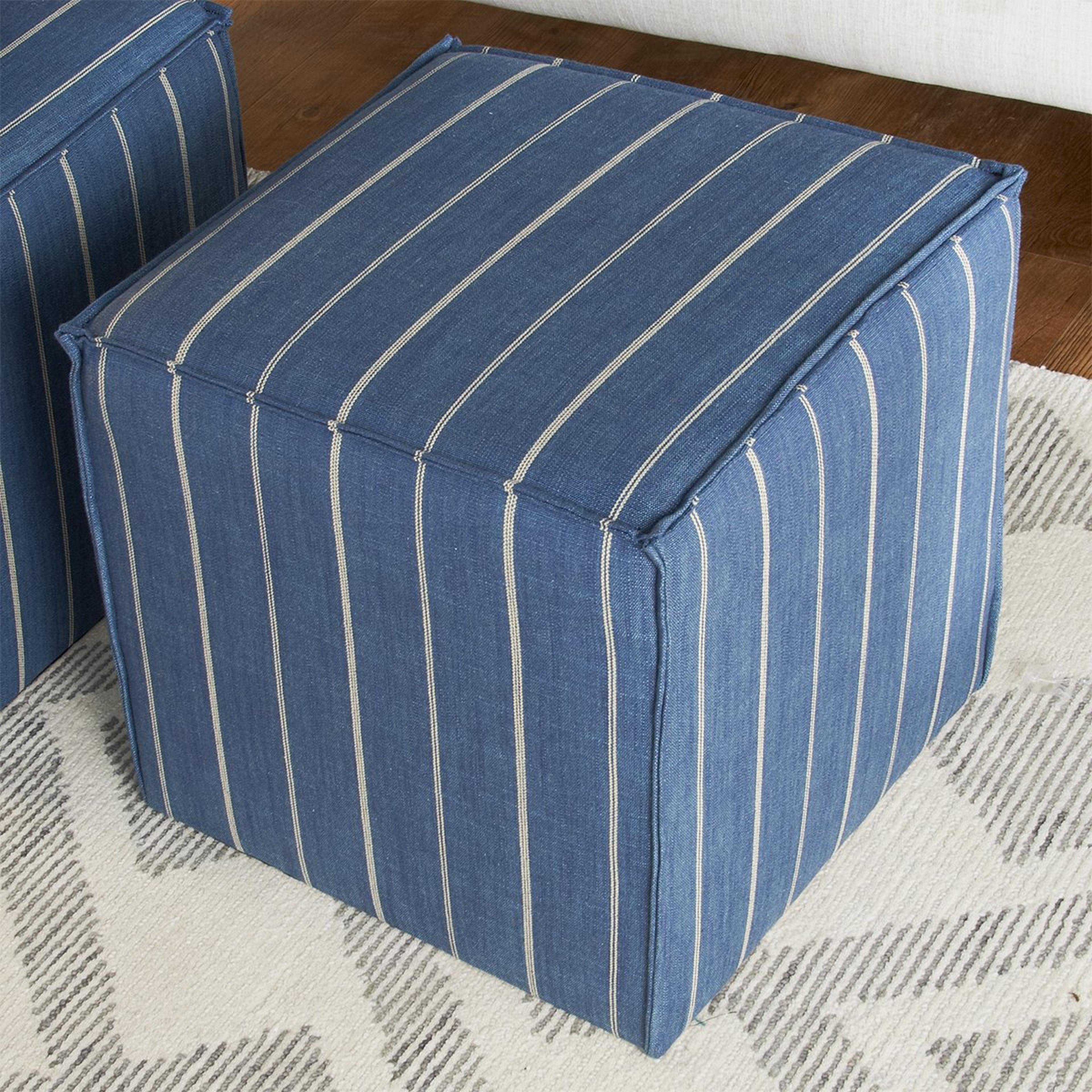 A Pinstripe Cube Pouf with Indigo color