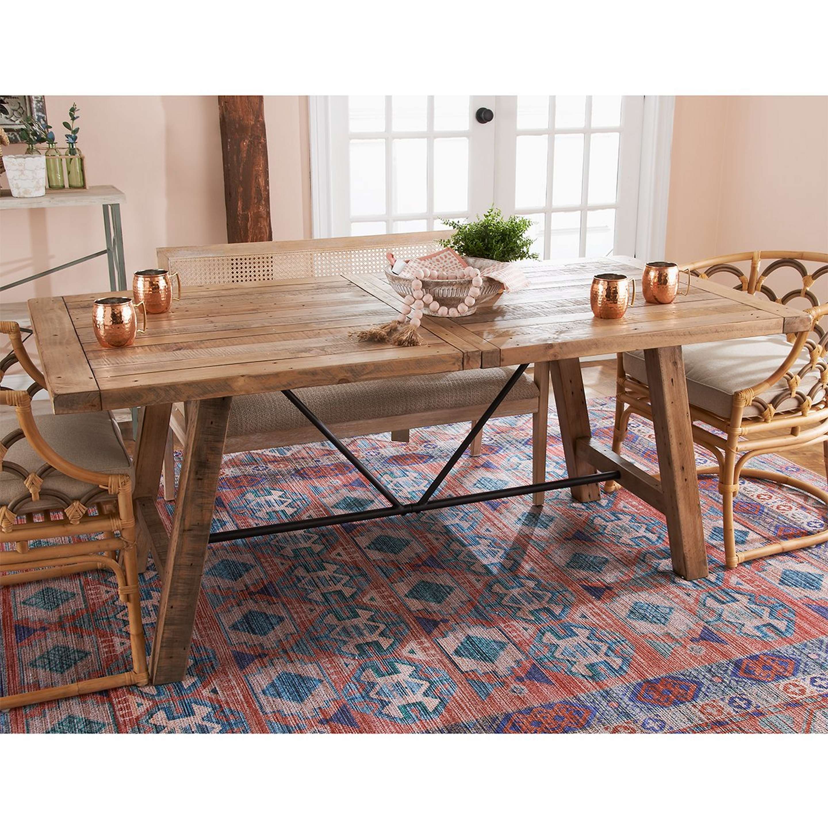A Industrial Wood Plank Dining Table with Light Wood / Black color