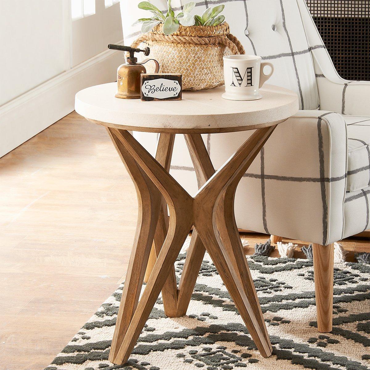 Handcrafted Harmony Side Table 25 H x 22 W x 22 D Limestone Natural Wood Wood Stone Furniture Industrial Shades of Light