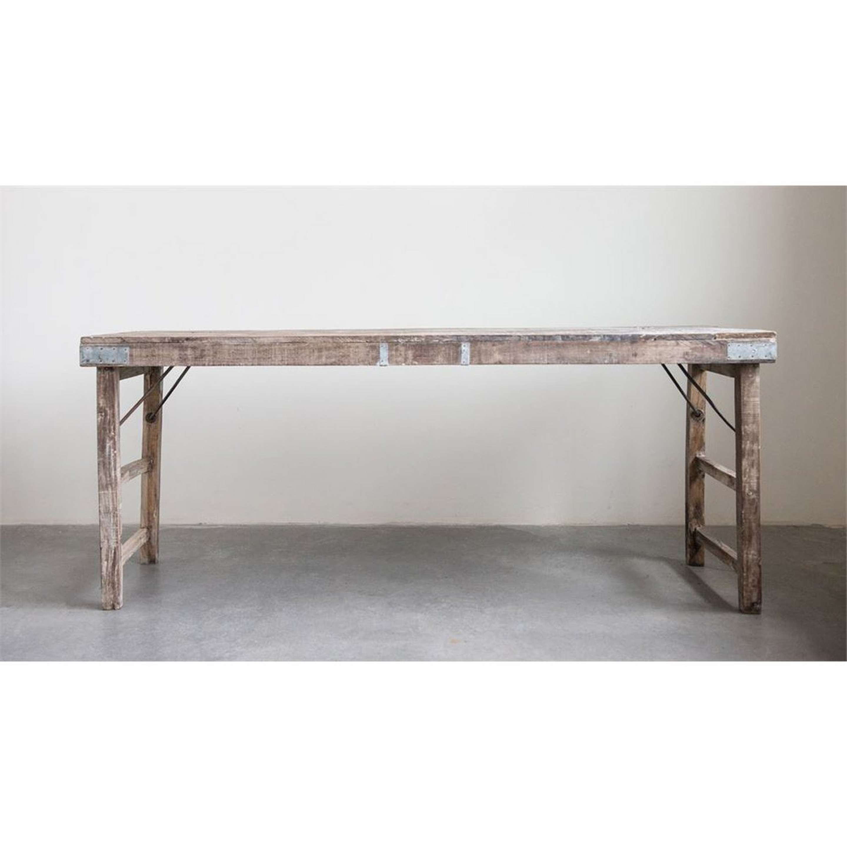 A Reclaimed Rustic Console Table with Distressed Wood / Tin color