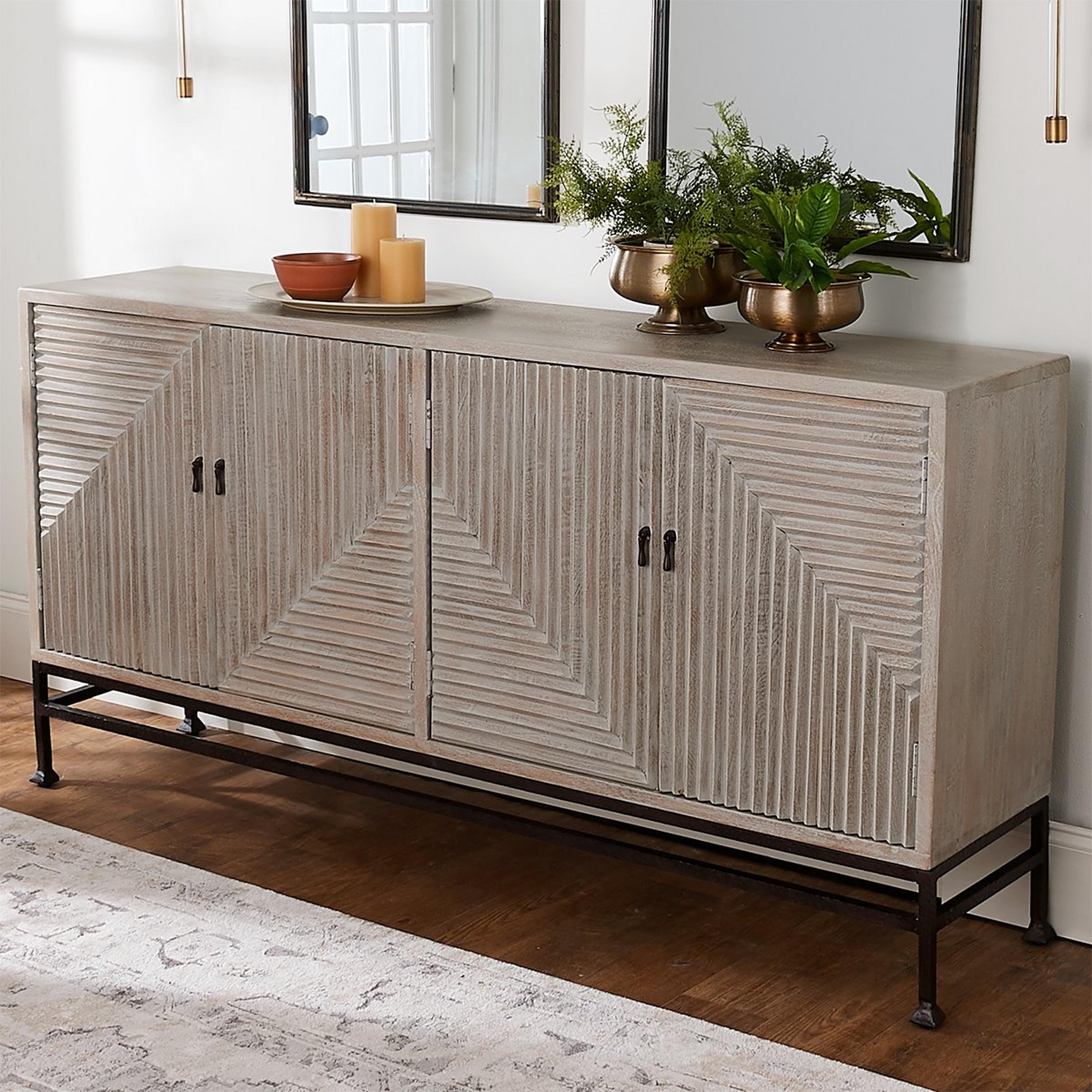 A Symmetrical Scheme Sideboard Cabinet with White Wash Wood / Iron color
