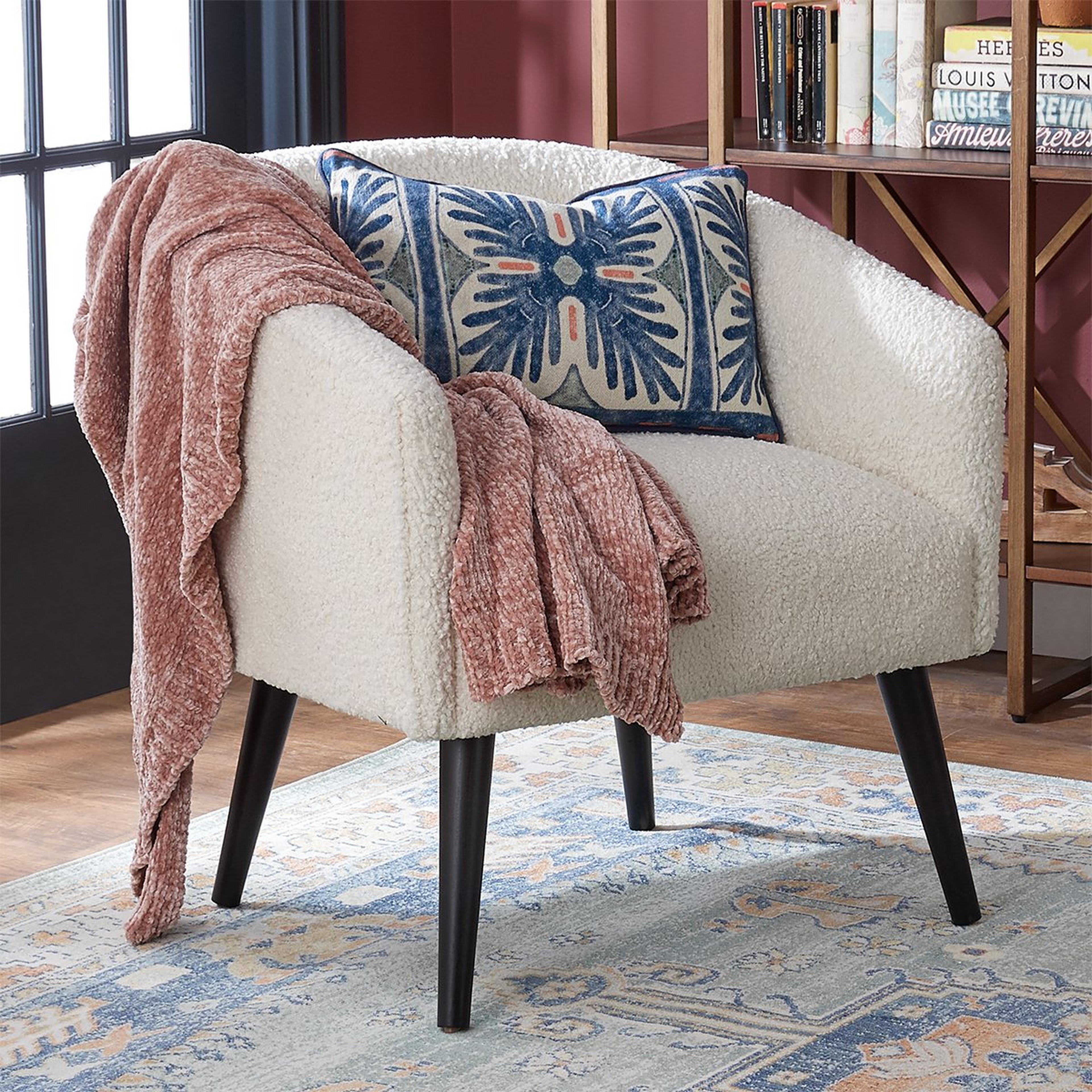 A Chic Faux Sheepskin Chair with Ivory / Black Wood color