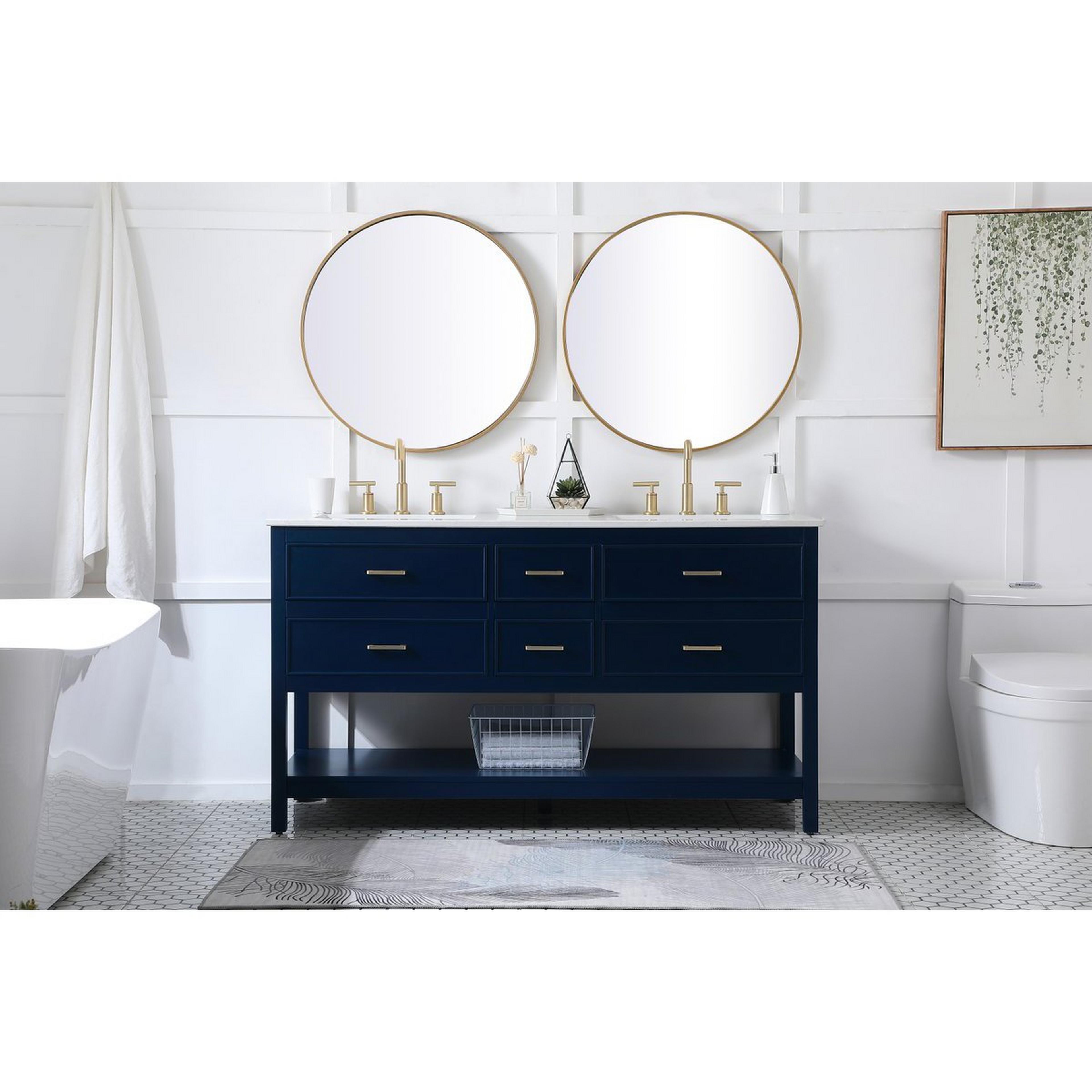 A Noni 60" Double Vanity with Blue / Calacatta Quartz / Gold Hardware color