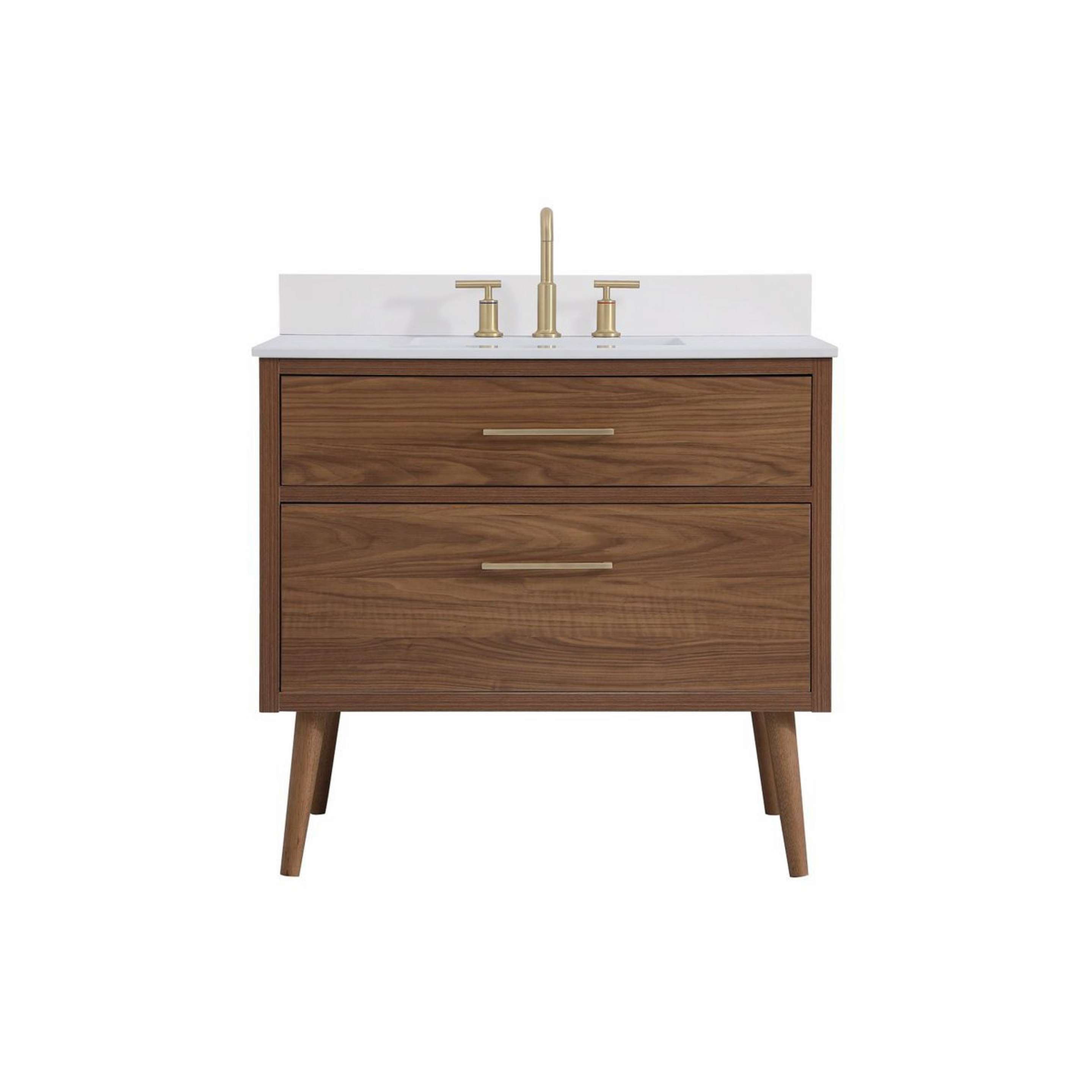 A Baxter 36" Bath Vanity - Wood with Medium Wood / Quartz / Gold Hardware color