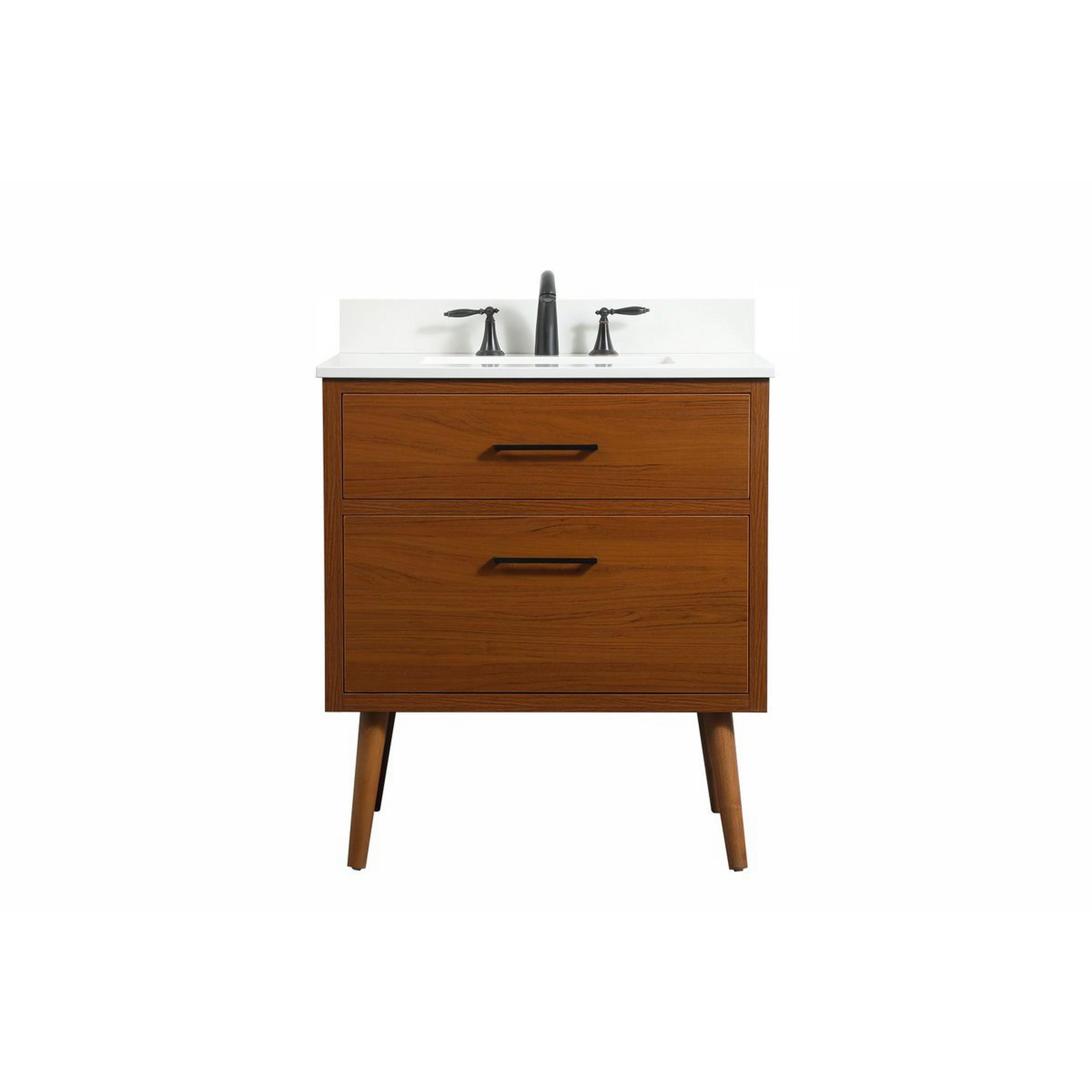 A Baxter 30" Vanity - Wood with Teak / Quartz / Black Hardware color