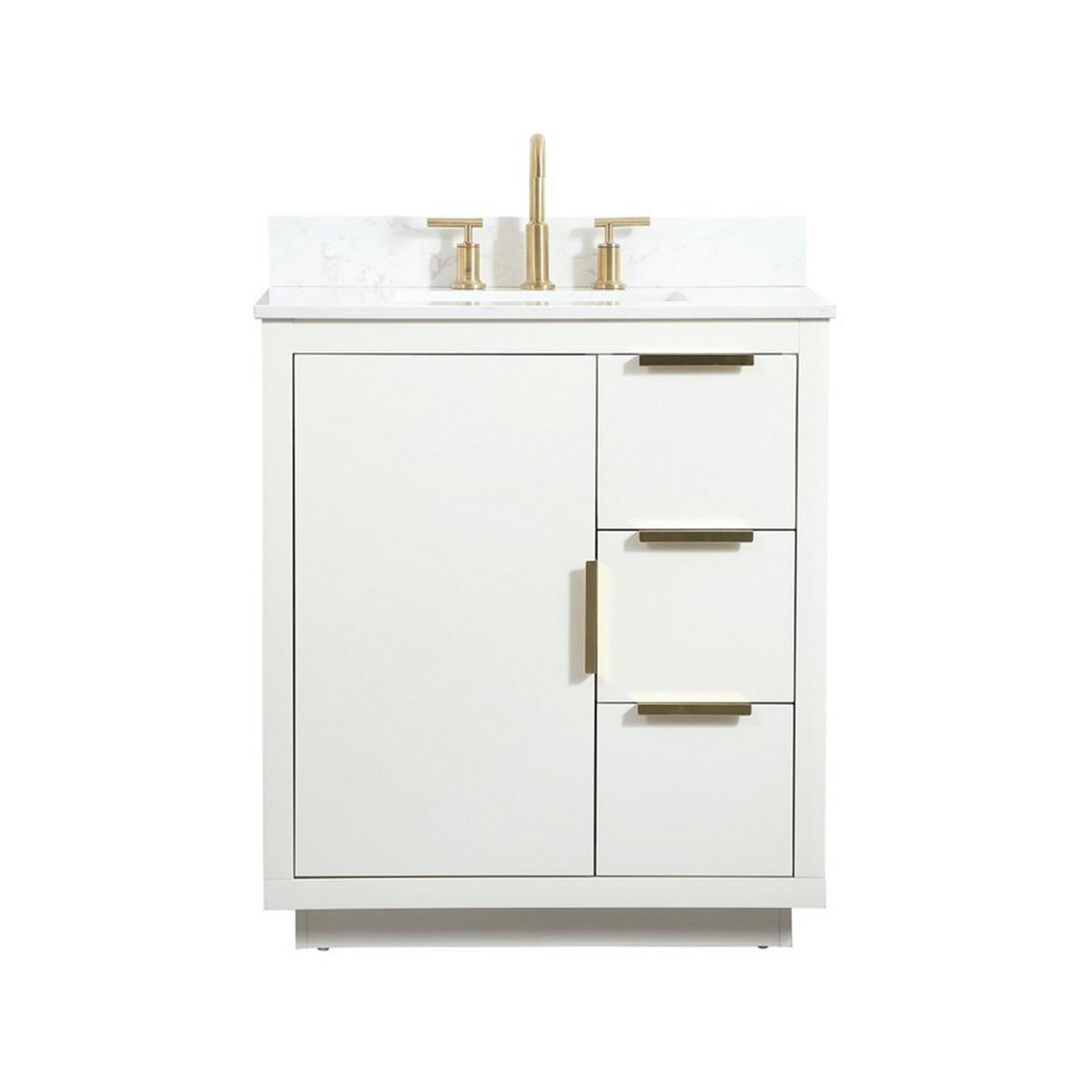 A Ludwig 30" Vanity with White / Calacatta Quartz / Gold Hardware color