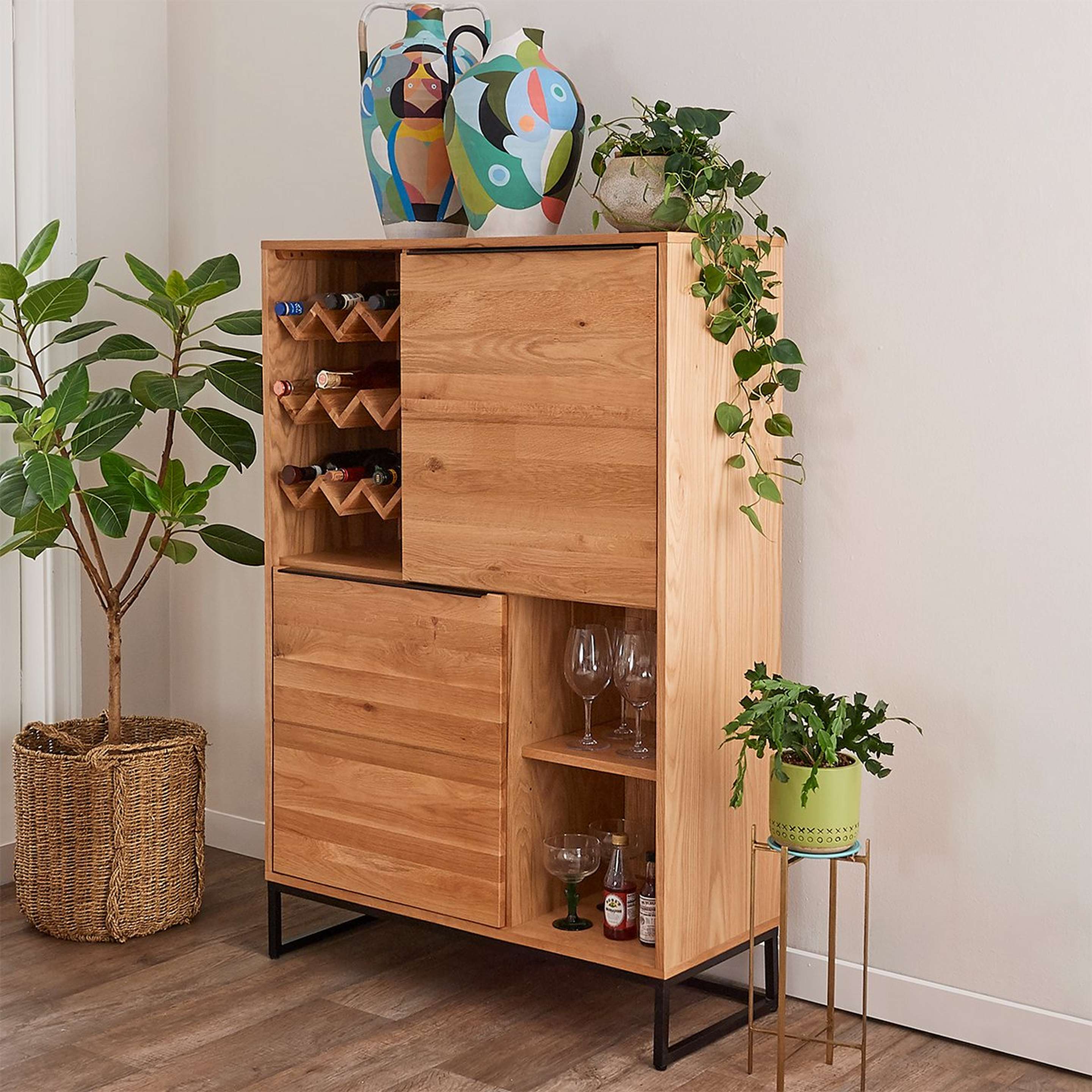 A Raconteur Bar Cabinet with Natural Wood / Black Accent color