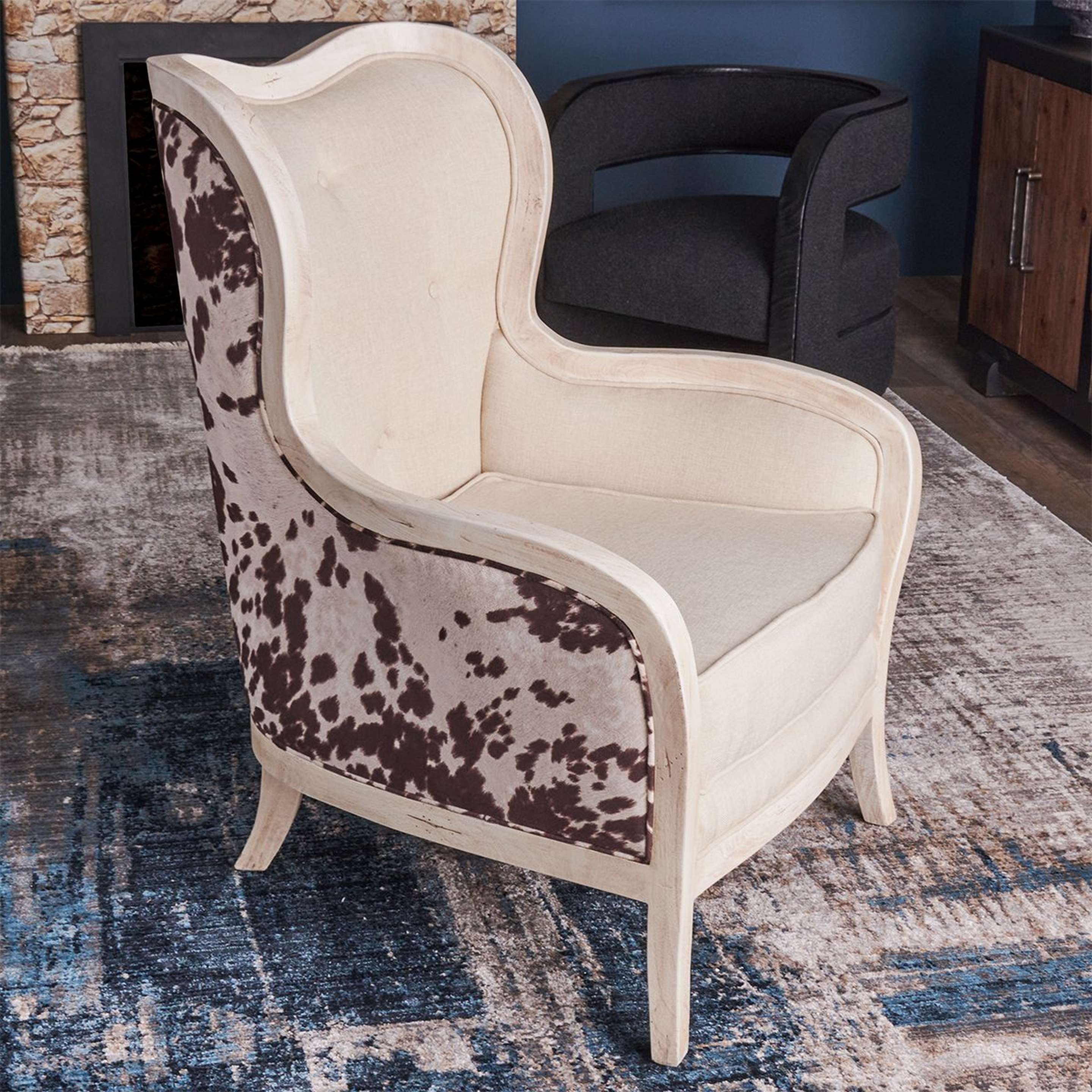 A Turono Wingback Chair with Aged White Wood / Beige Linen / Black and White Velvet color