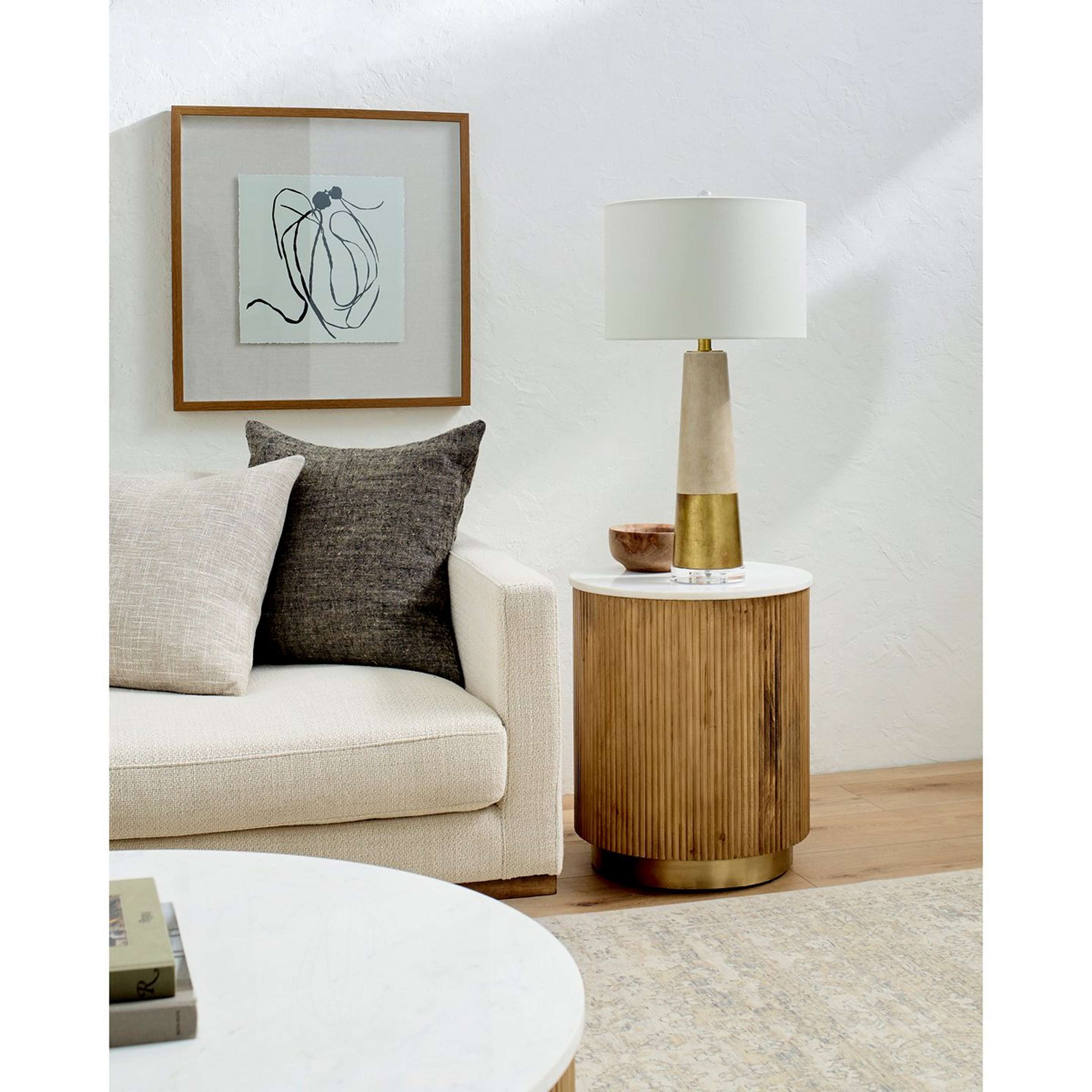 A Mooney End Table with Medium Wood / White Marble / Gold color