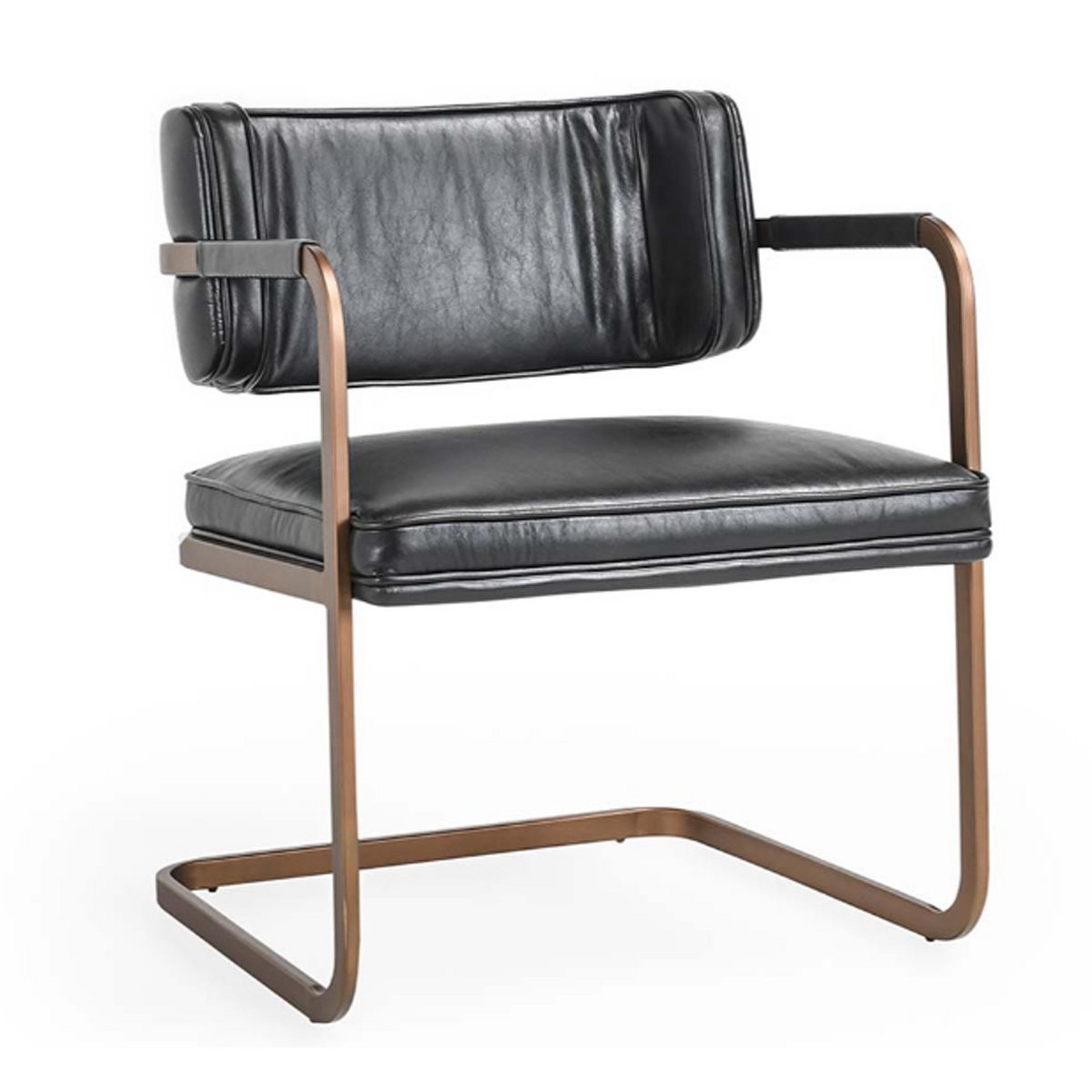 A Bernard Dining Chair with Black Leather Upholstery / Antique Brass Finished Iron  color