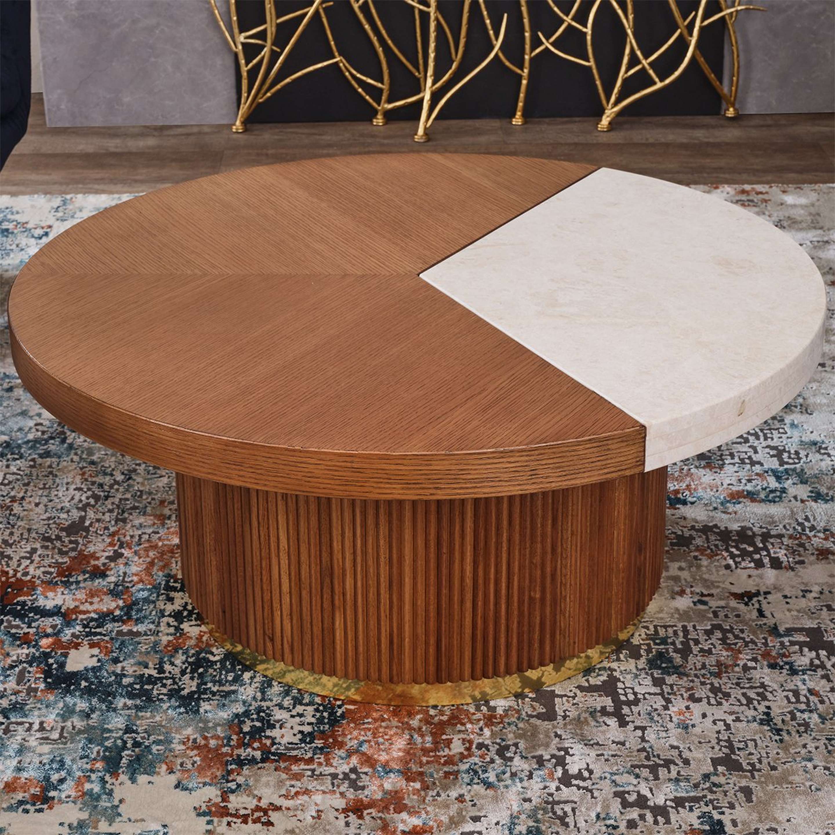 A Fanning Coffee Table - Large with Medium Oak / Brass / Crema Marfil Marble color