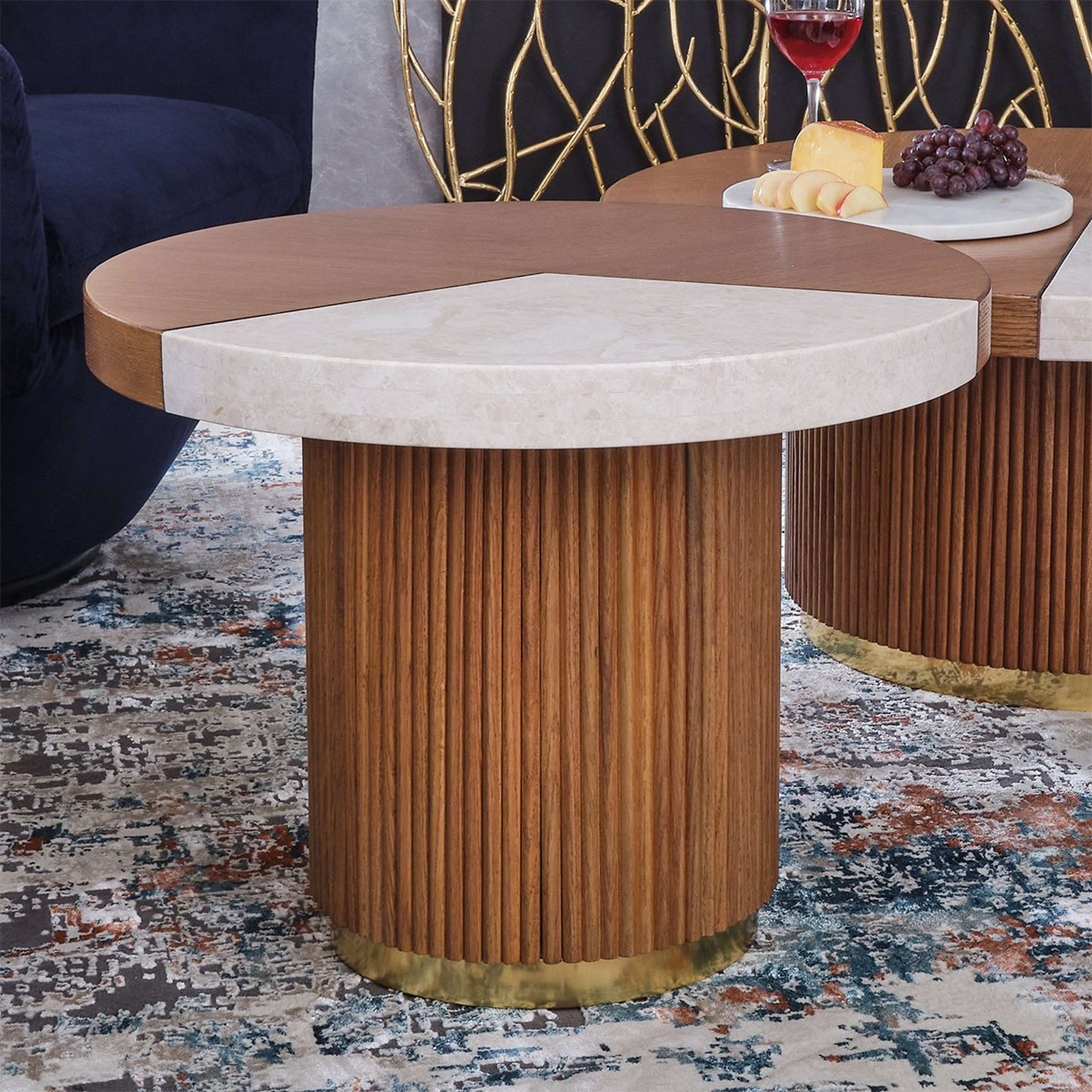A Fanning Coffee Table - Small with Medium Oak / Brass / Crema Marfil Marble color
