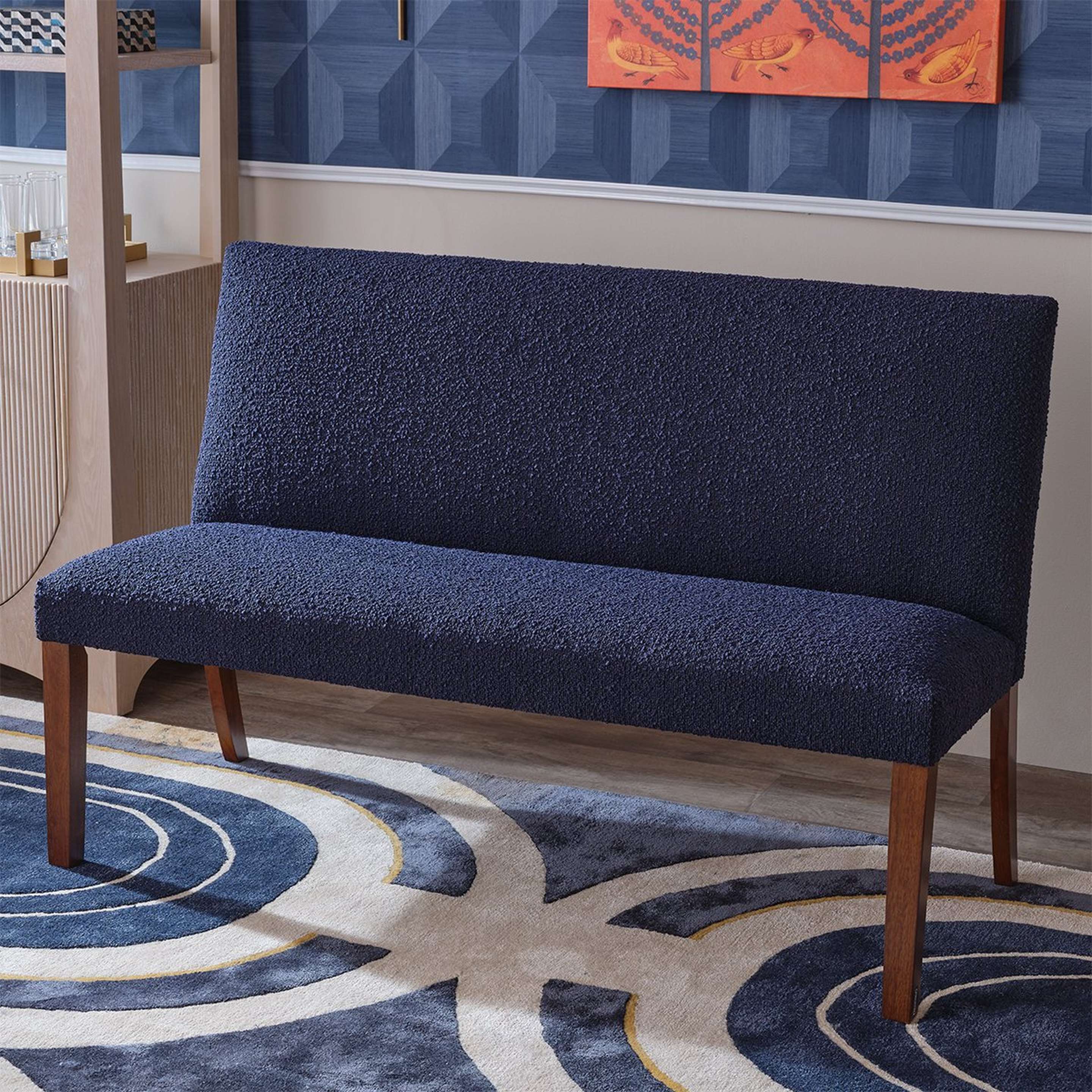 A Dutton Dining Bench with Navy Boucle Upholstery / Espresso Finish color