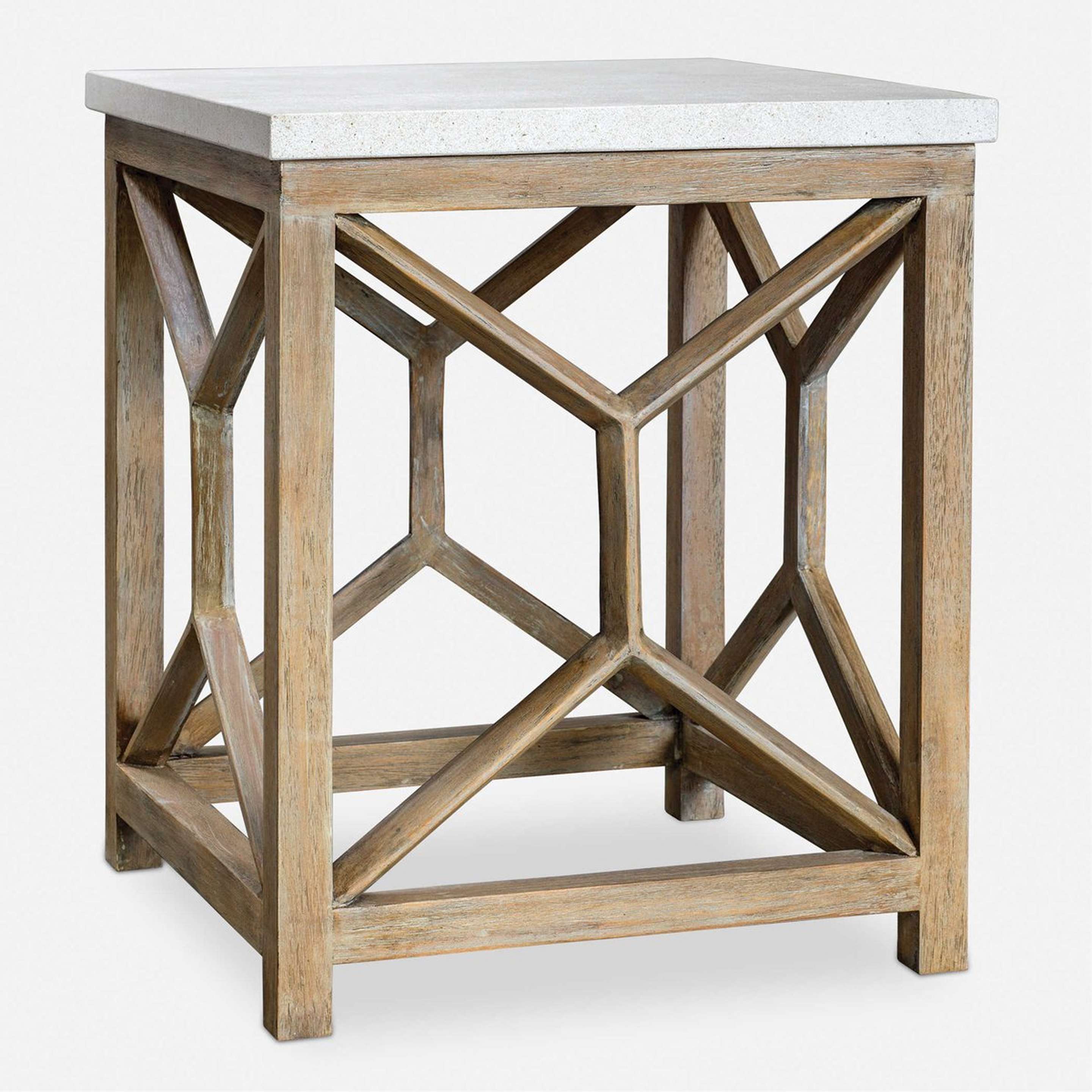 A Veneti Side Table with Limestone / Natural Wood color