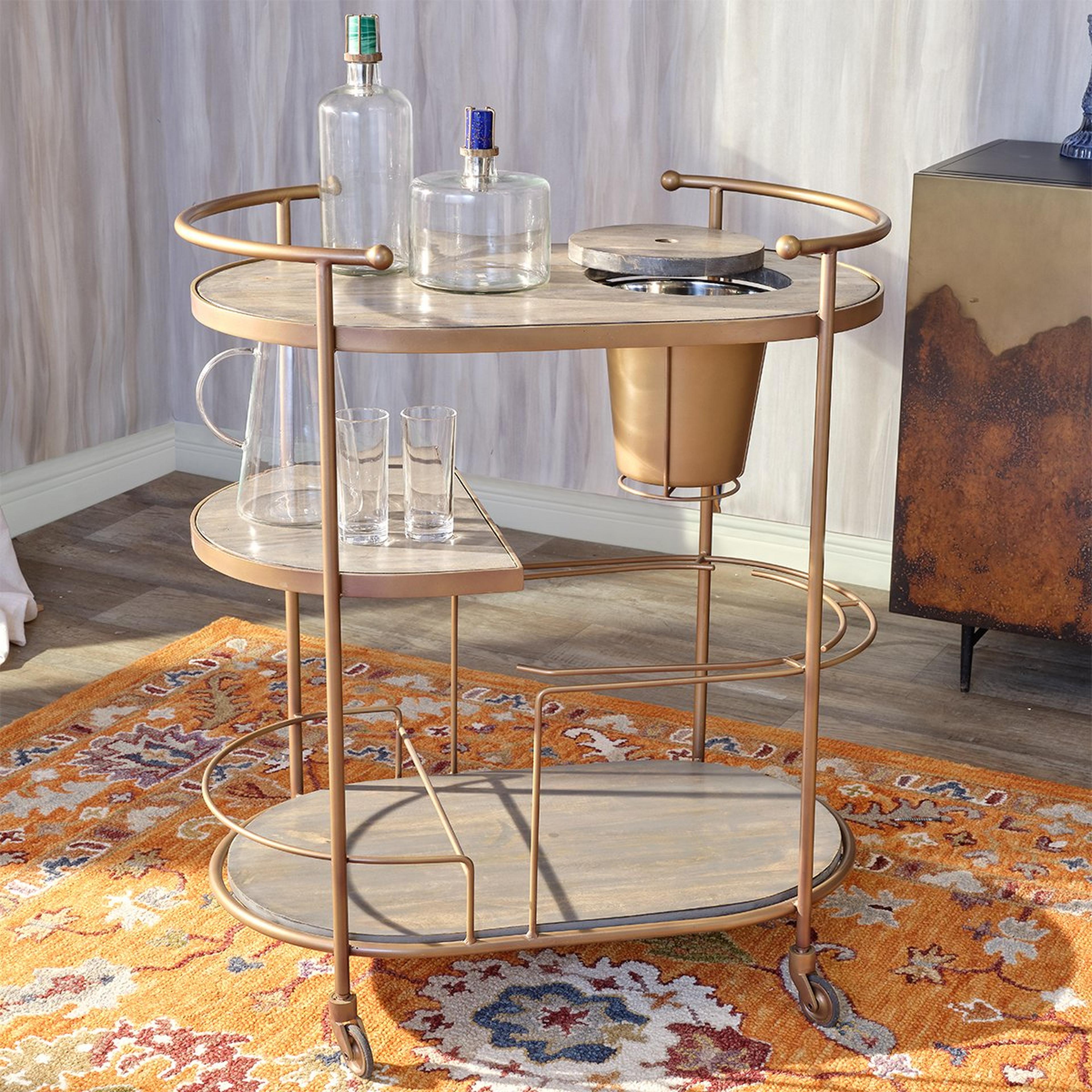 A Carrito Bar Cart with Antique Brass / Gray Wash Wood  color