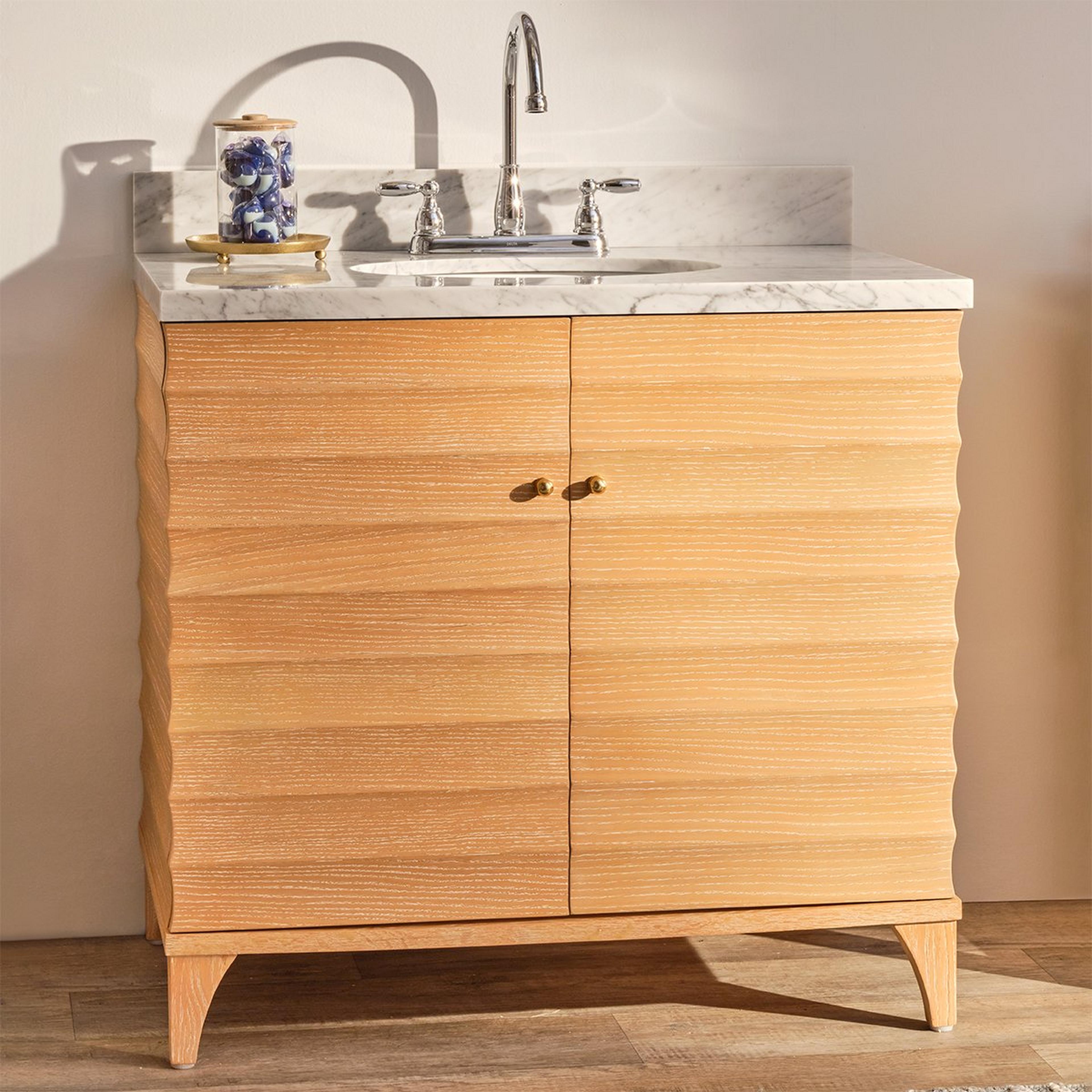 A Wellson 37" Bath Vanity with Natural Wood / White Marble / Brass color