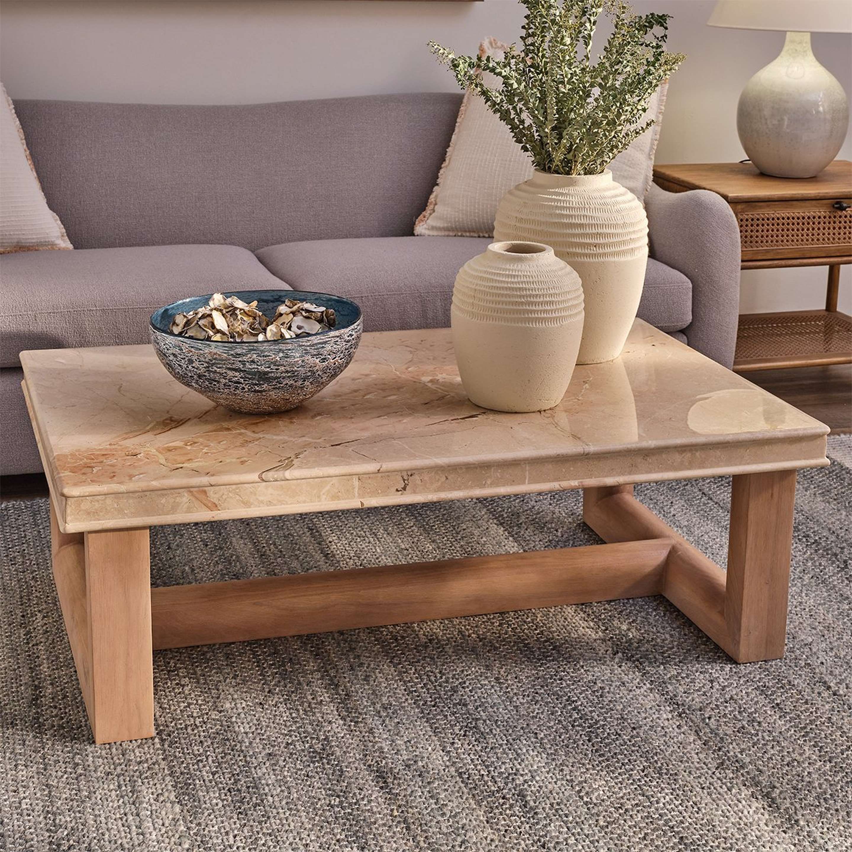 A Trapezi Coffee Table with Wood / Cream Marble color