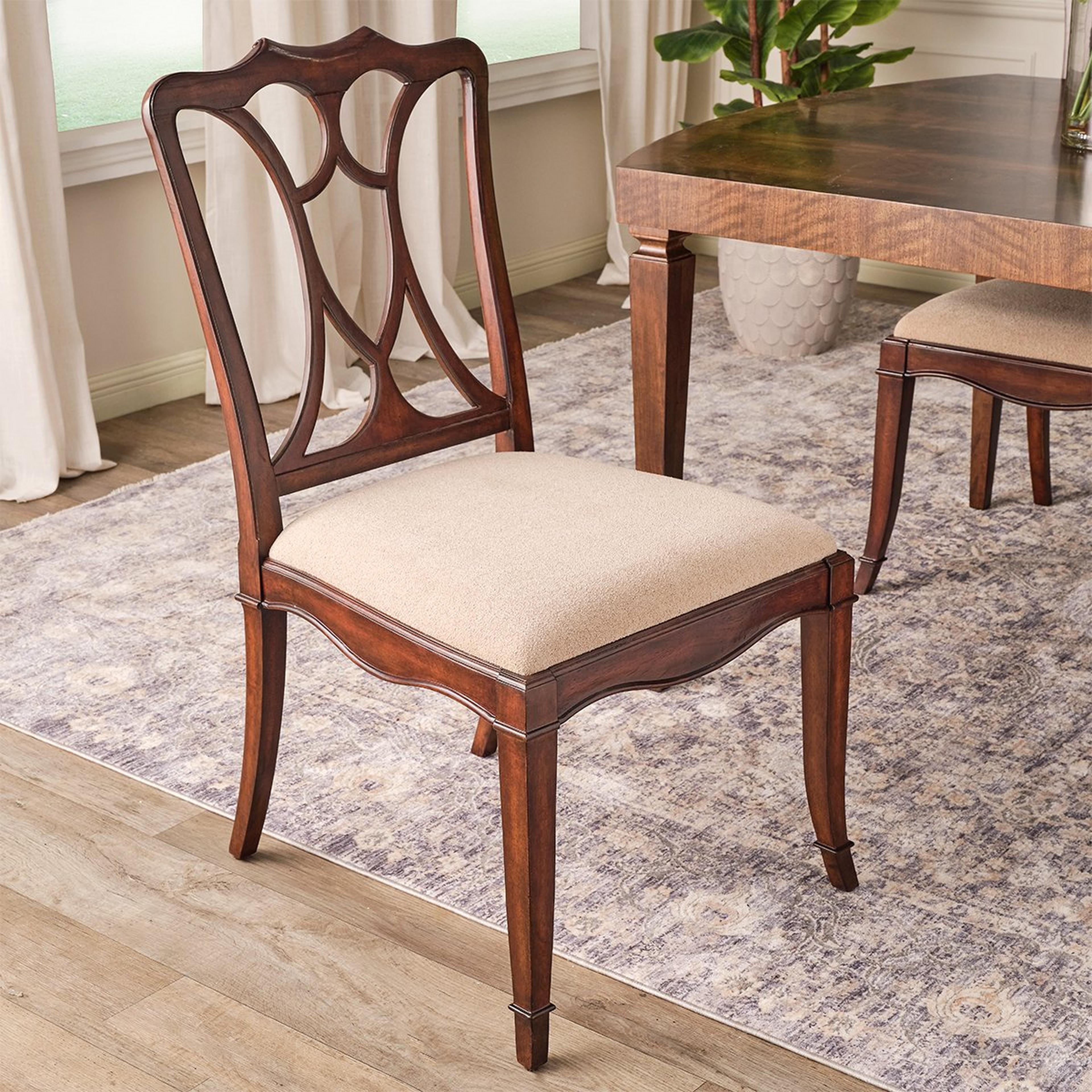 A Sumpter Dining Chair with Dark Wood / Beige Upholstery color