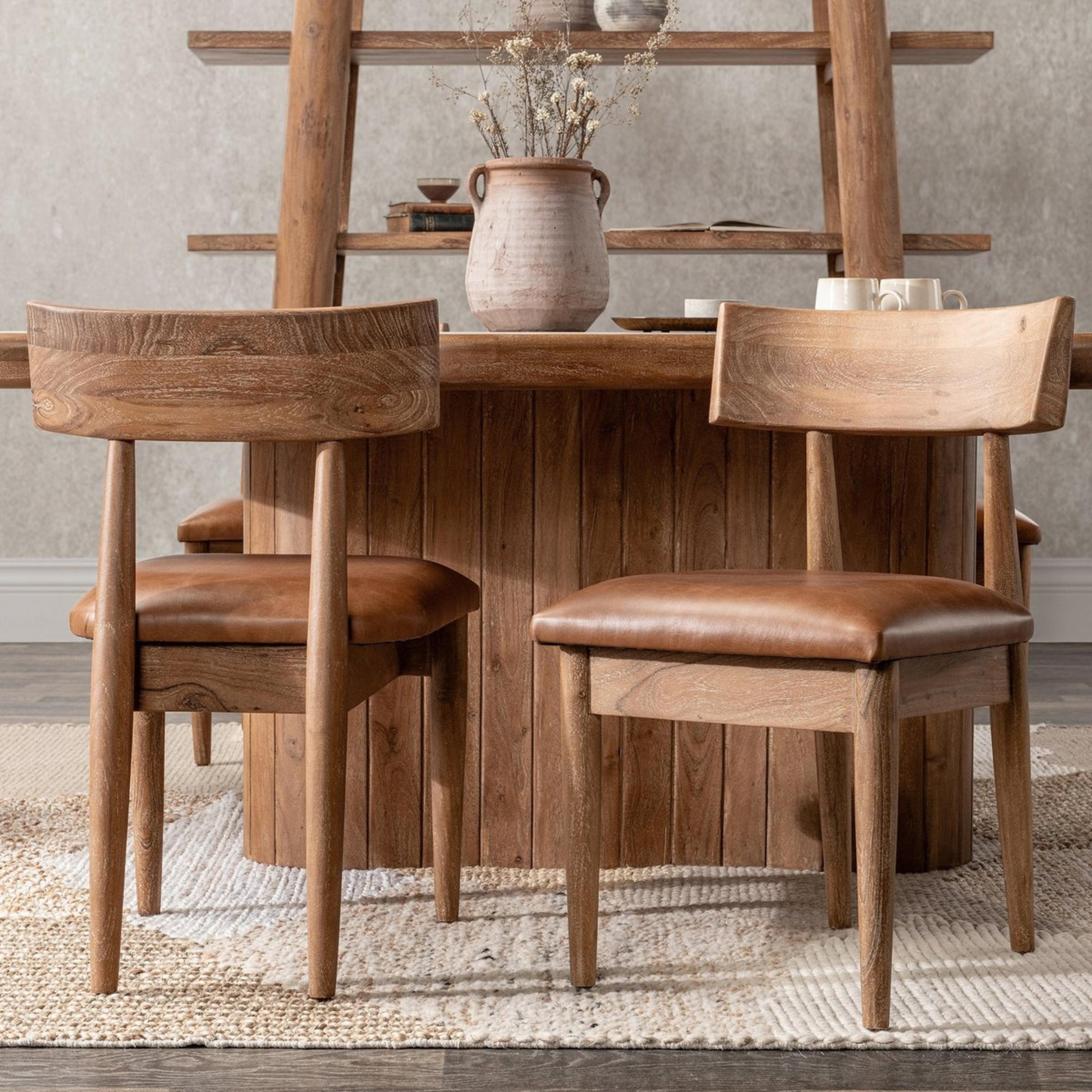 A Rupert Dining Chair - Set of 2 with Natural Wood / Brown Leather color