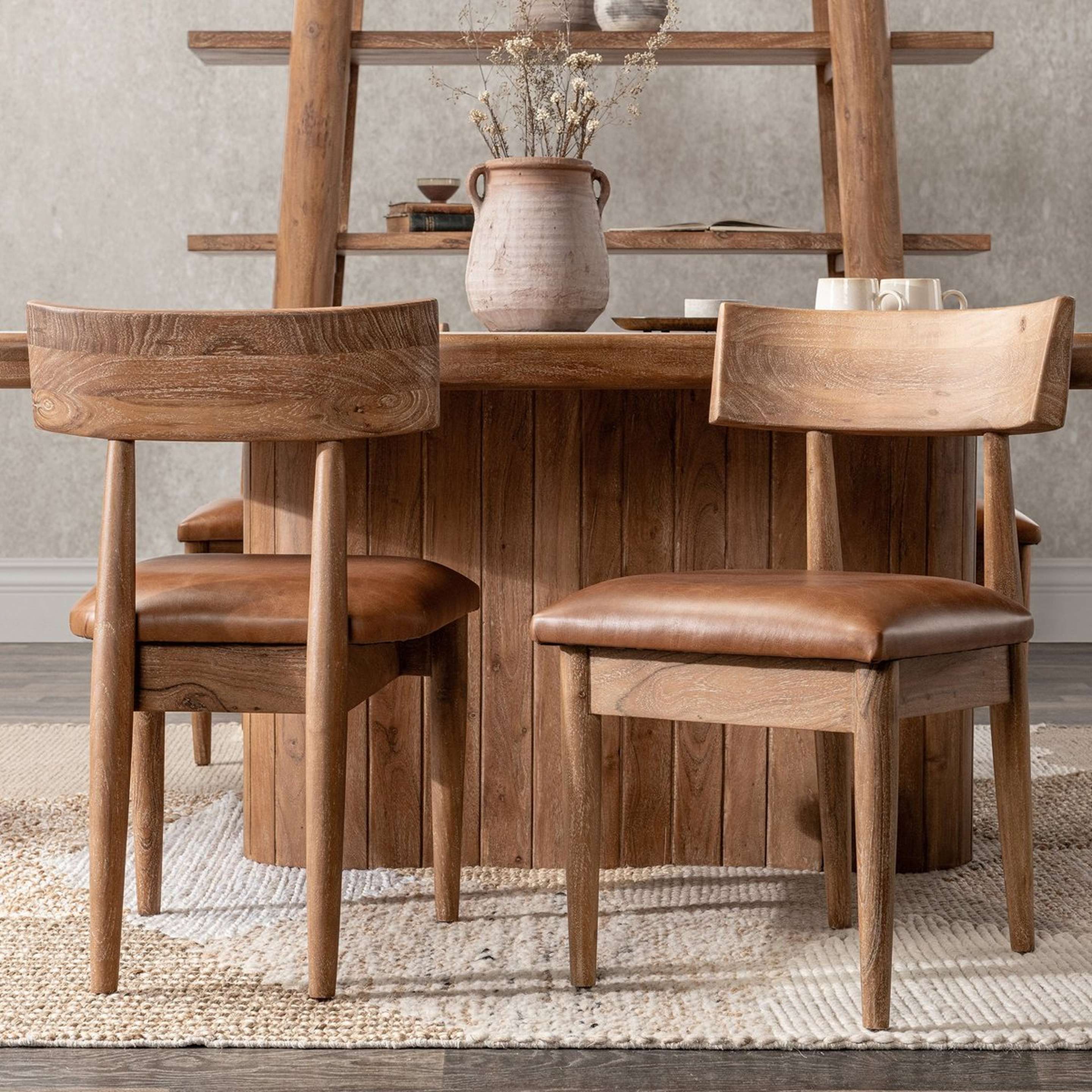 A Rupert Dining Chair - Set of 2 with Natural Wood / Brown Leather color