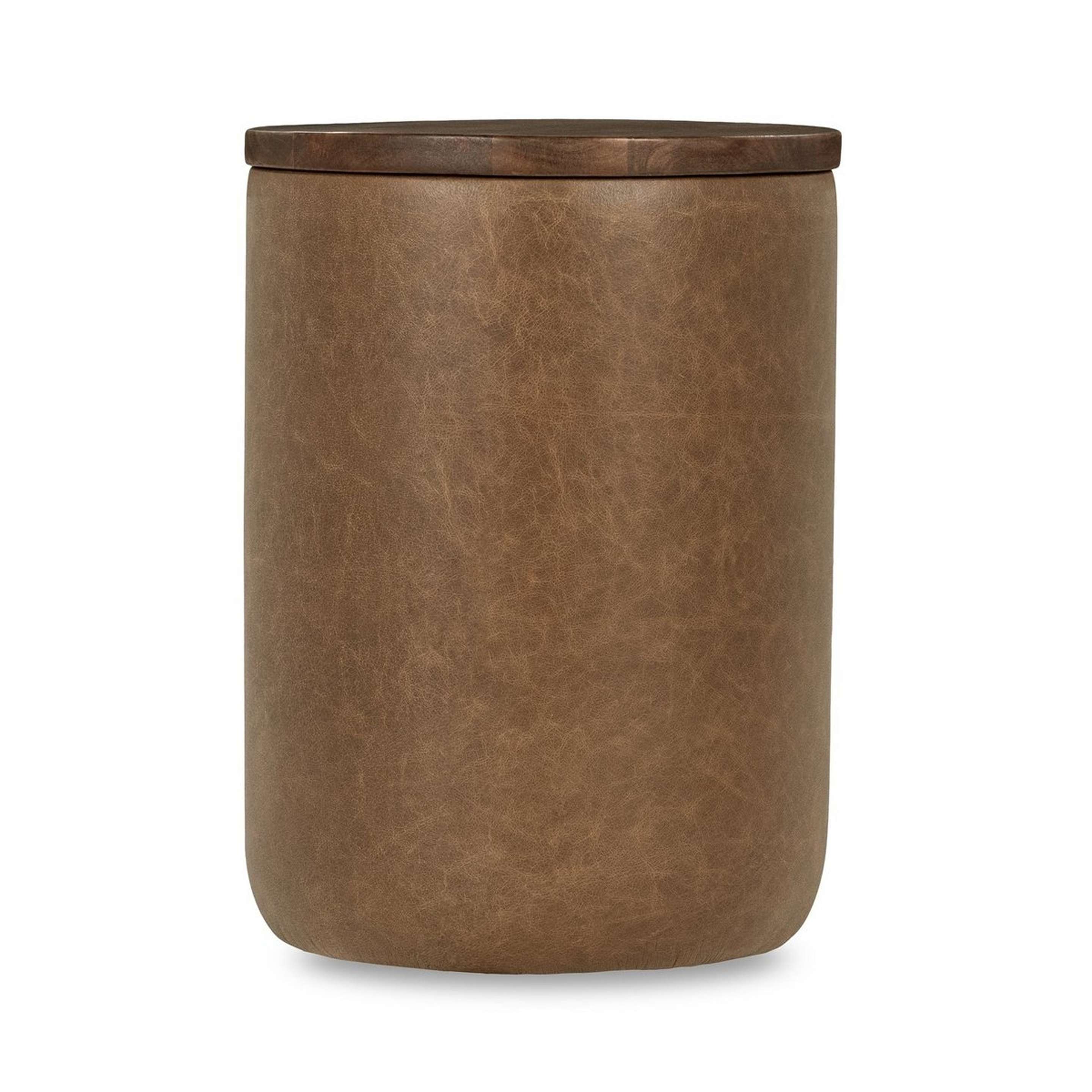 A Gobi End Table with Brown Leather / Dark Wood color