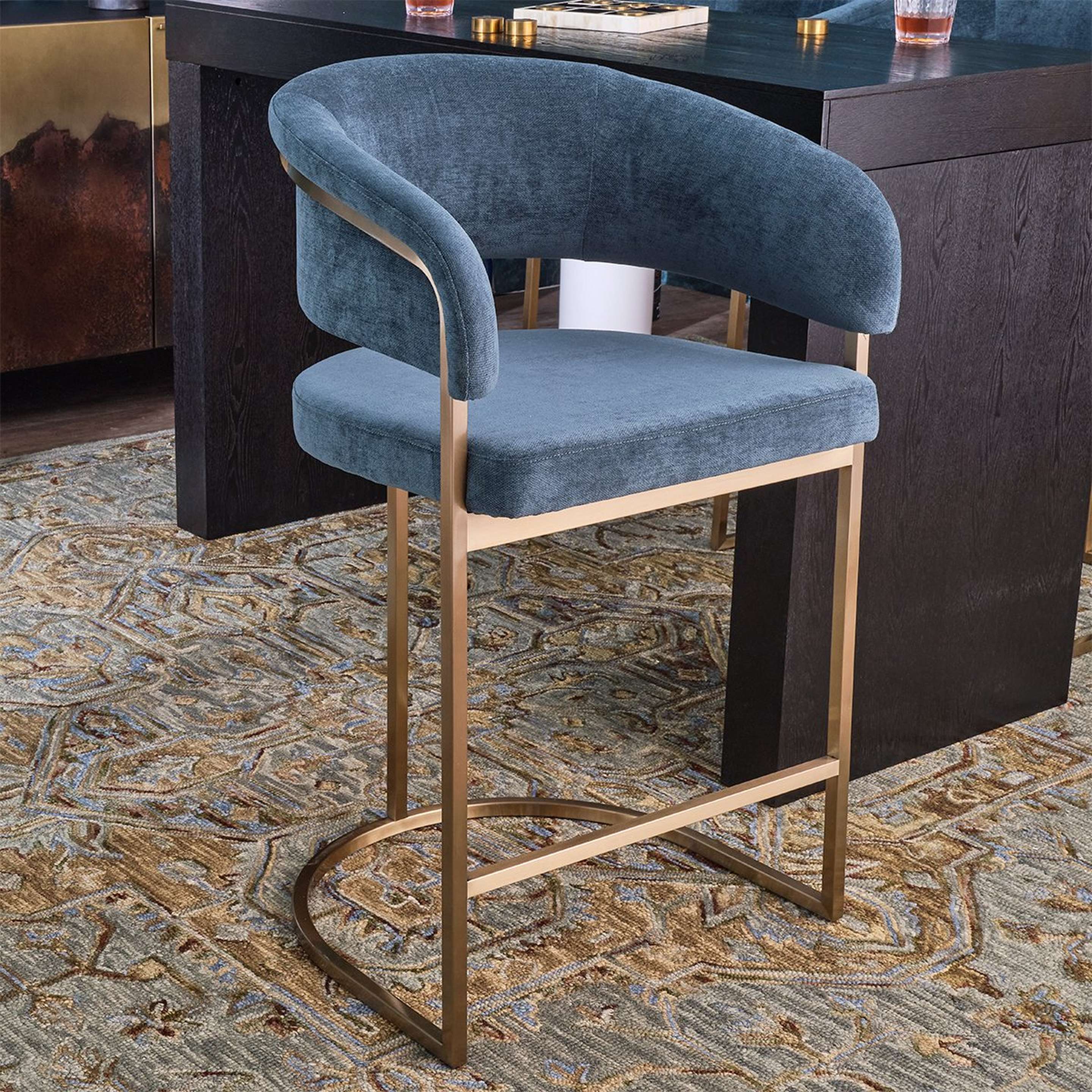 A Crane Counter Stool with Teal Velvet Upholstery / Gold color
