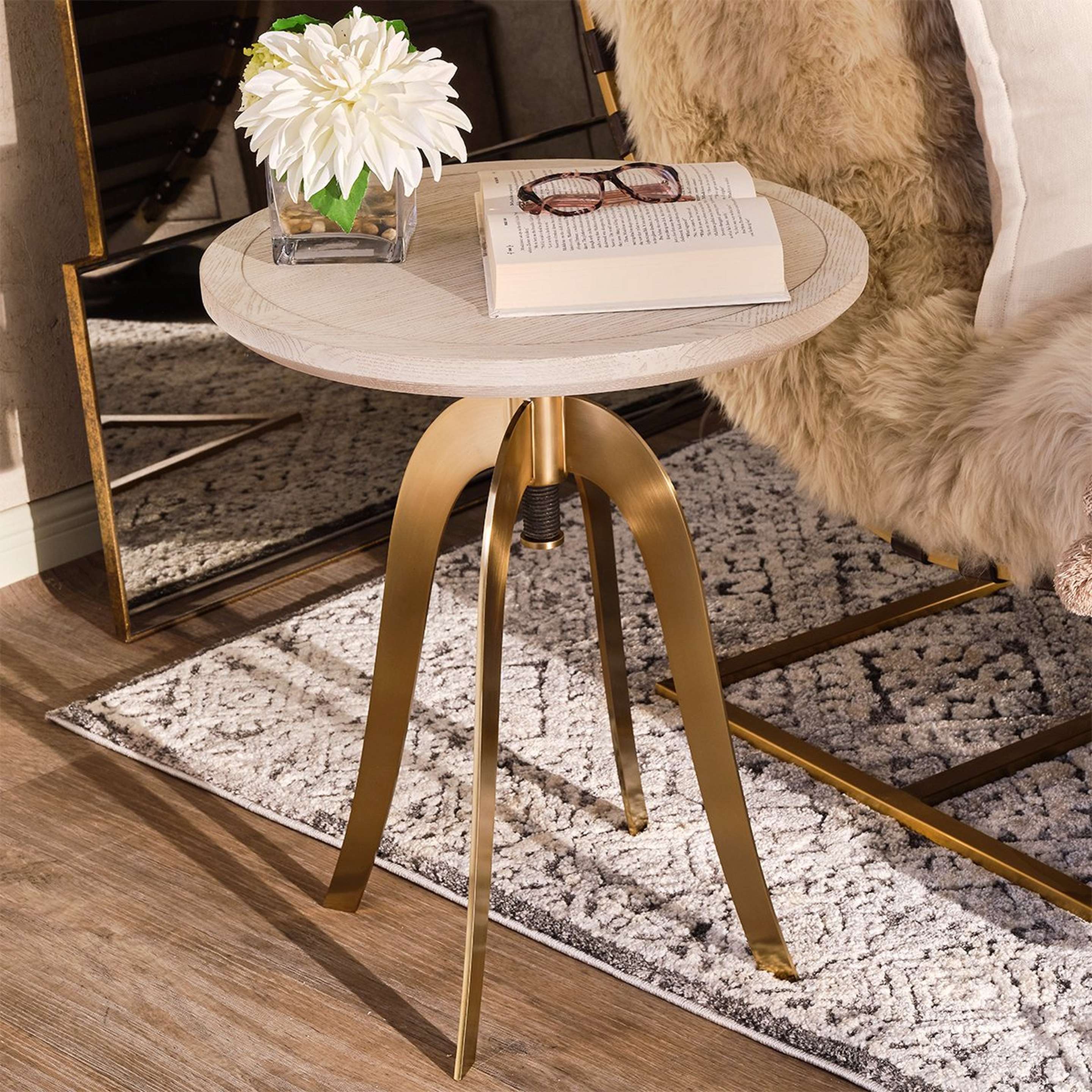 A Castleberry Side Table with White Washed Wood / Brass color