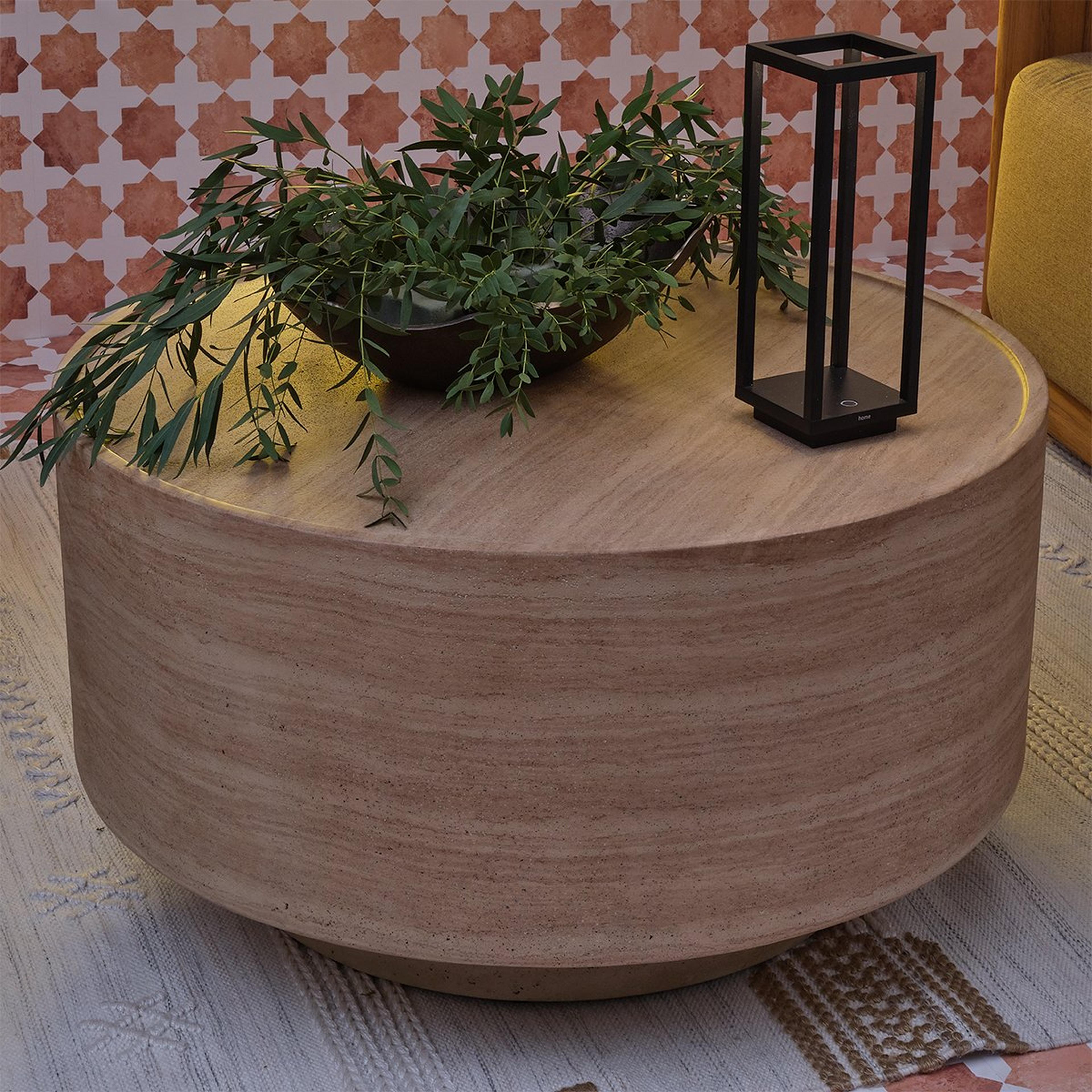 A Sandy Outdoor Coffee Table with Beige Travertine color