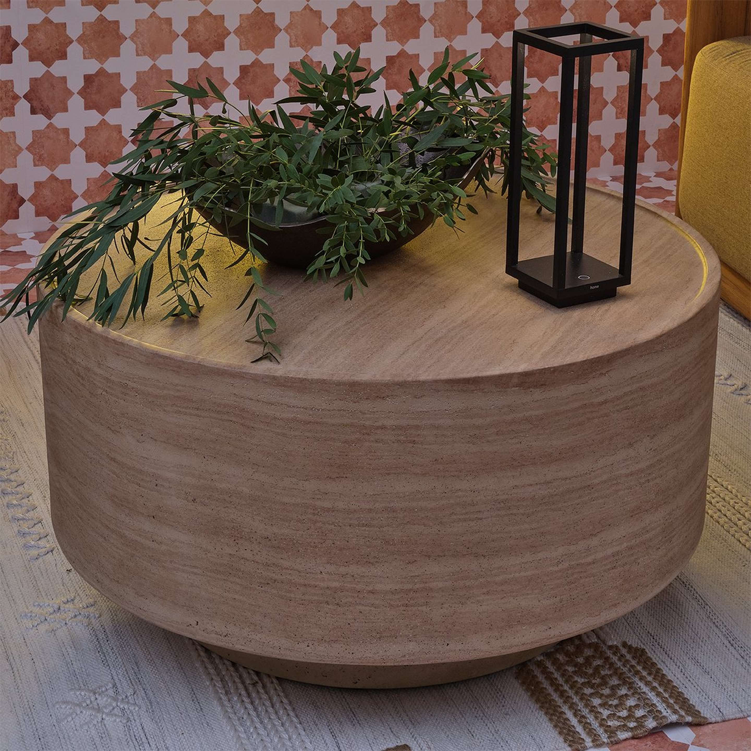 A Sandy Outdoor Coffee Table with Beige Travertine color