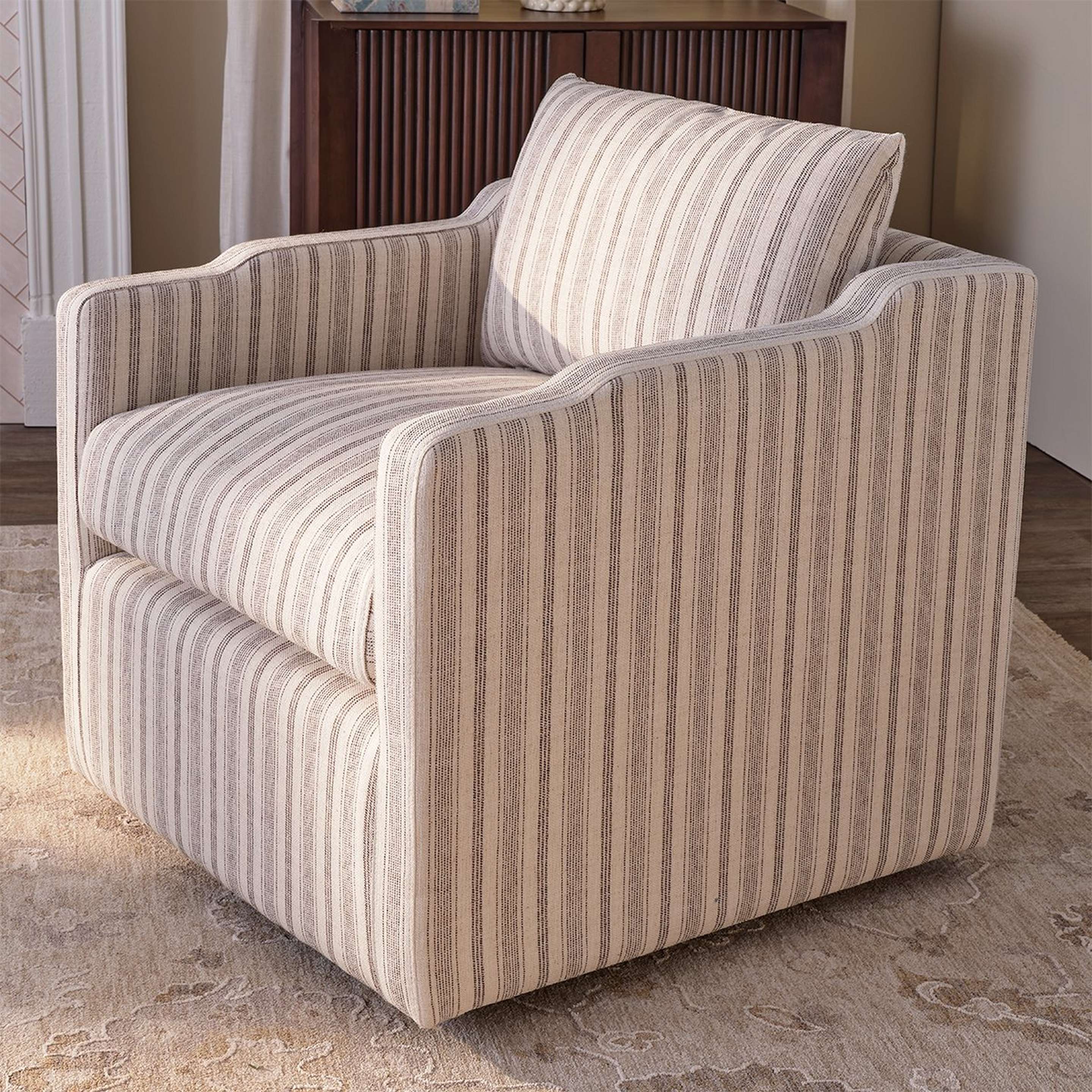 A Ticking Stripe Swivel Accent Chair with Gray / Cream color
