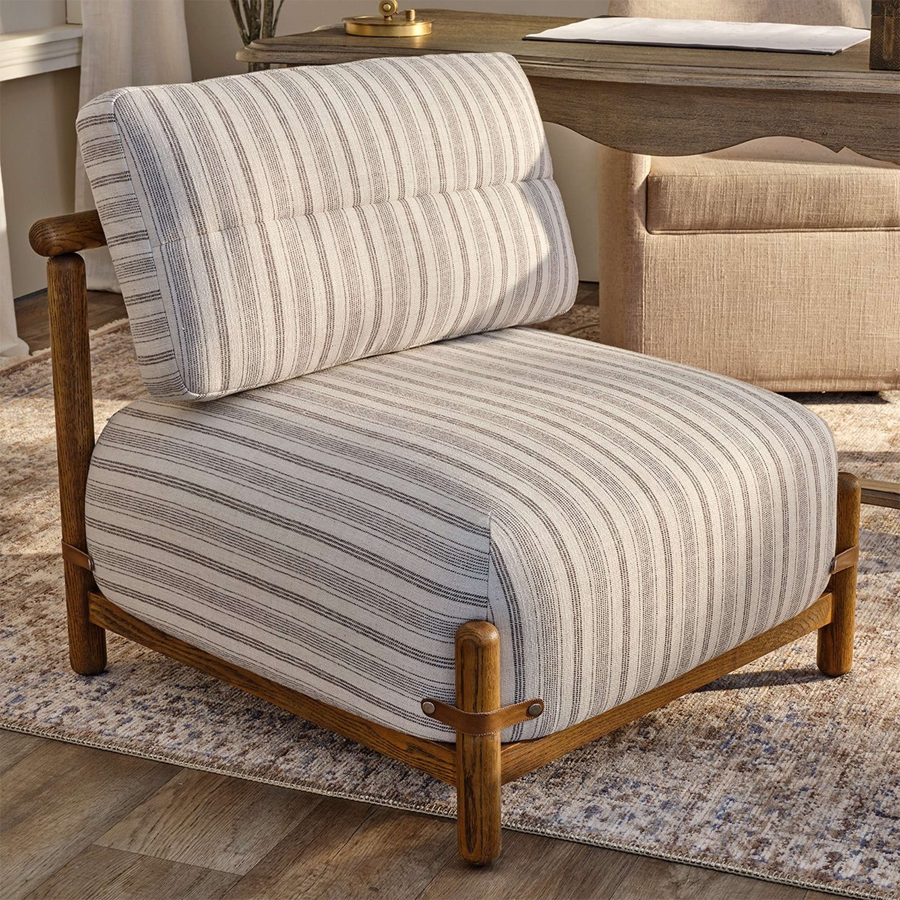 A Armless Ticking Stripe Accent Chair with Grey and White Stripe / Medium Oak color