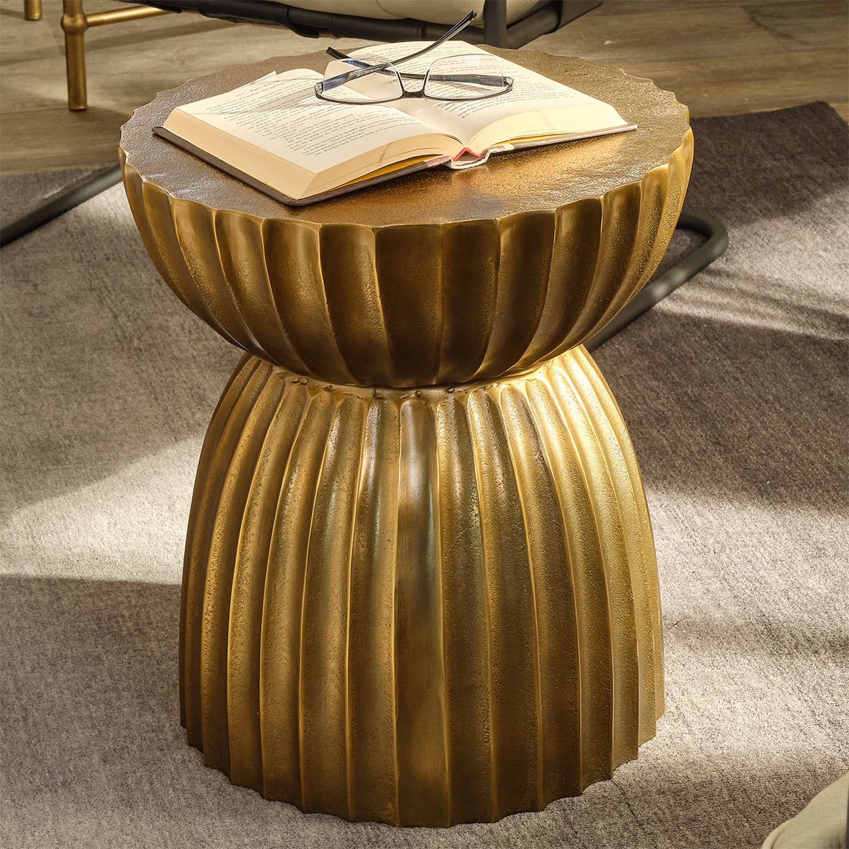 A Karka End Table with Distressed Antique Brass color
