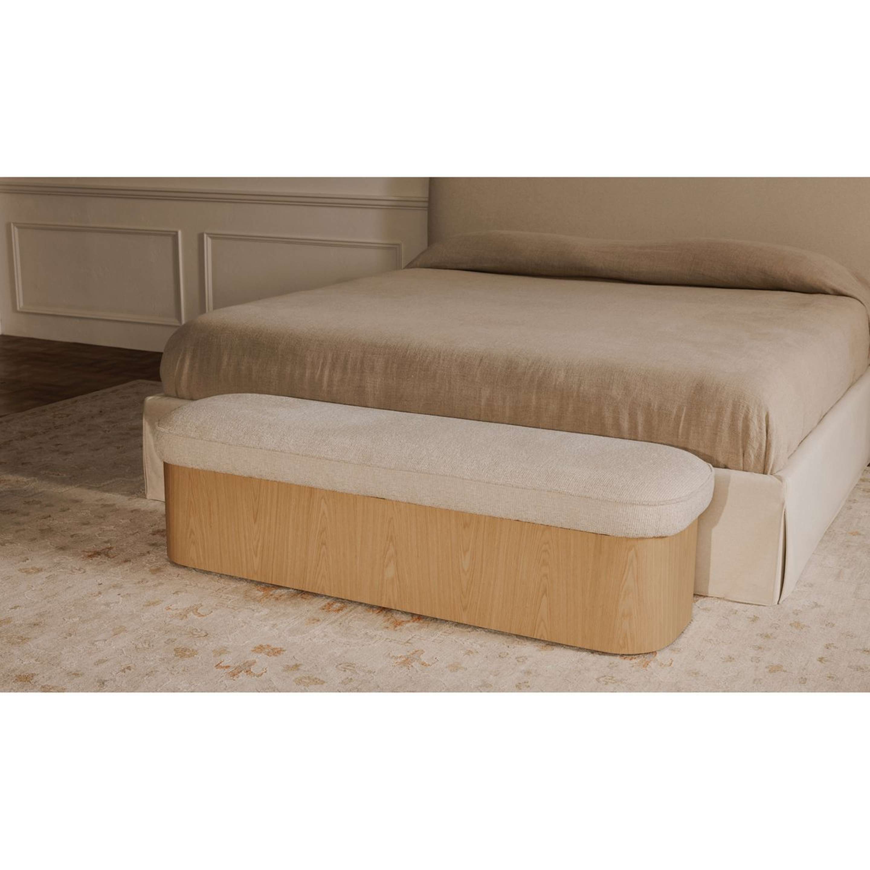 A Ensorina Storage Bench with Light Wood / Beige Upholstery color