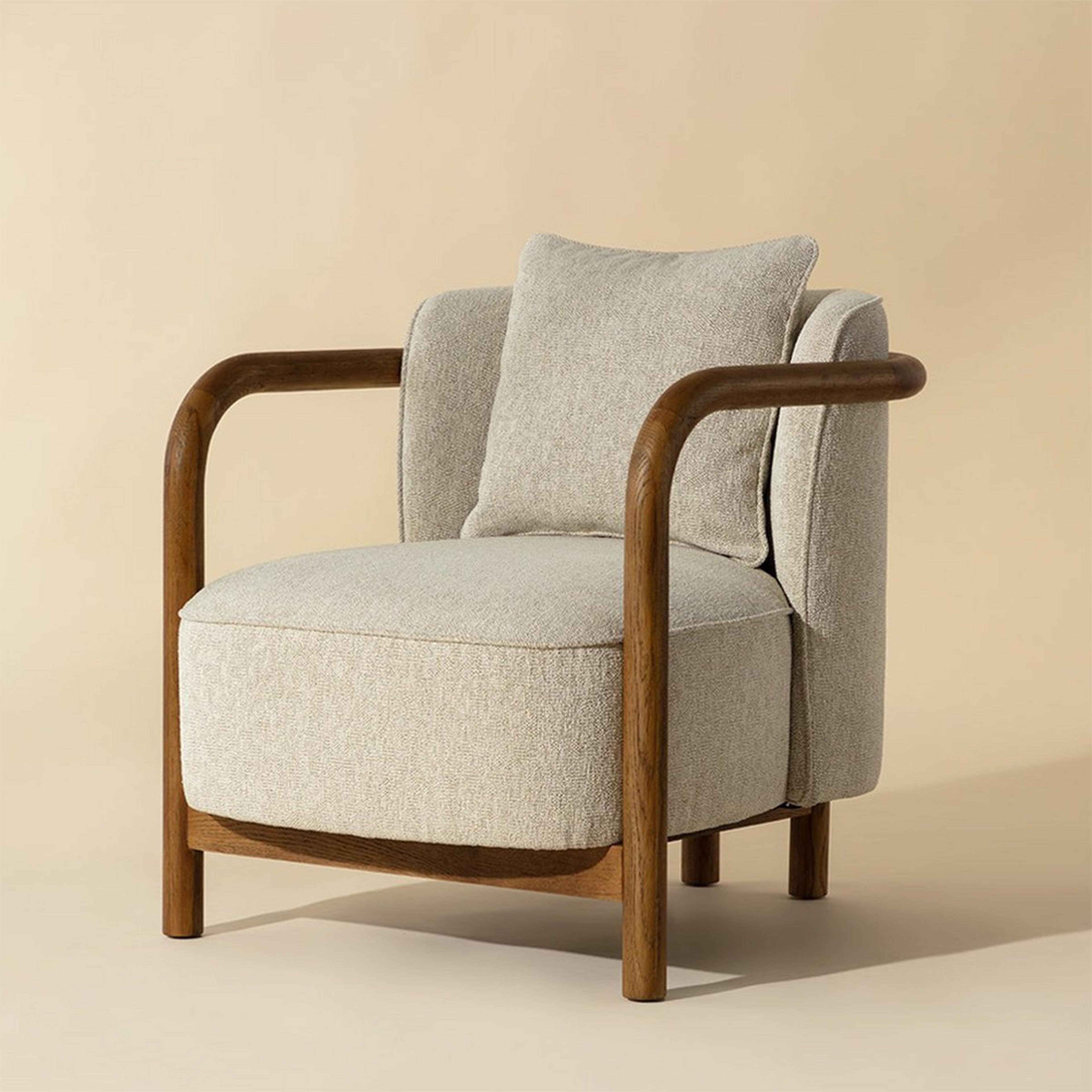 A Cassowary Accent Chair with Beige Upholstery / Dark Wood color