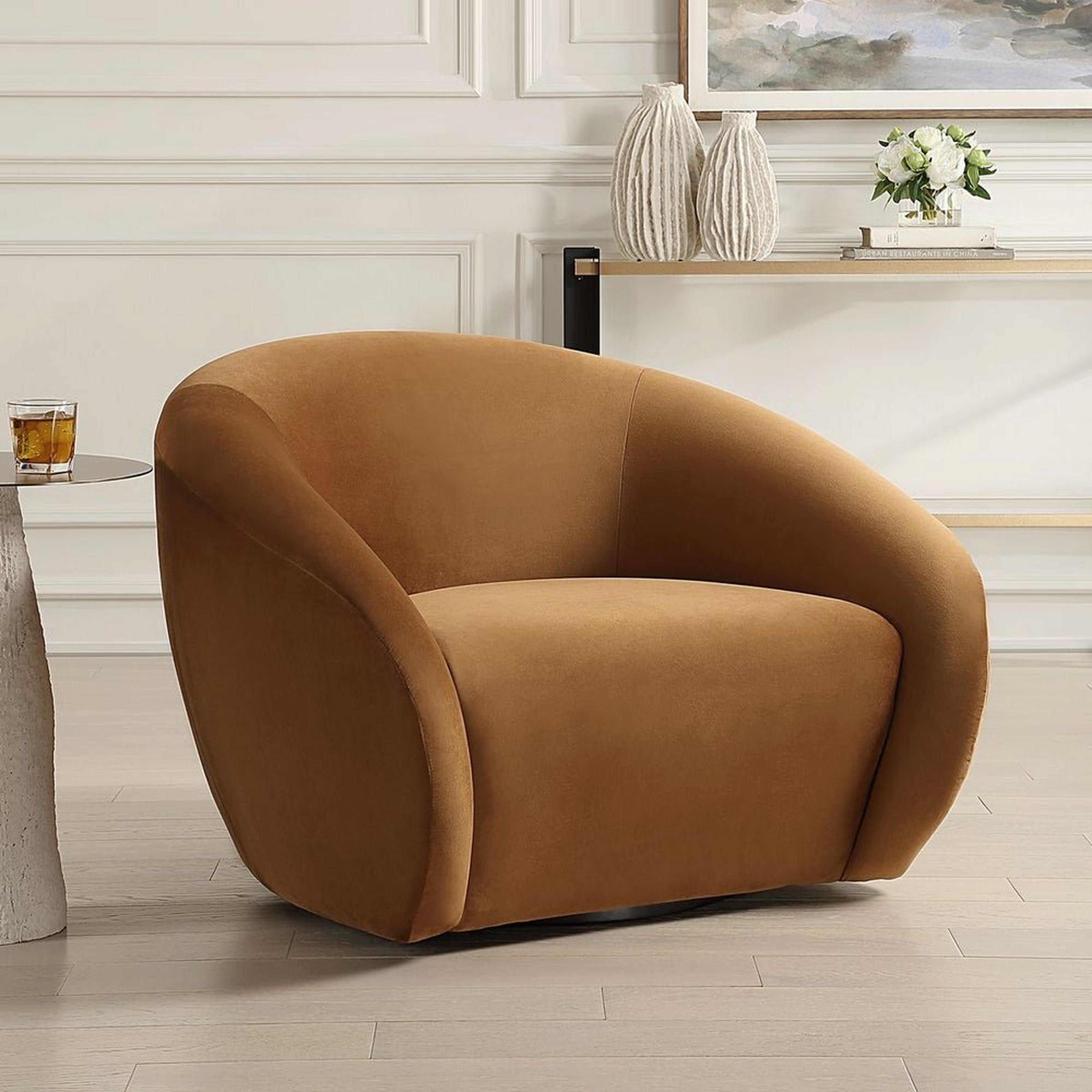 A Moreau Swivel Accent Chair with Hazelnut Velvet color
