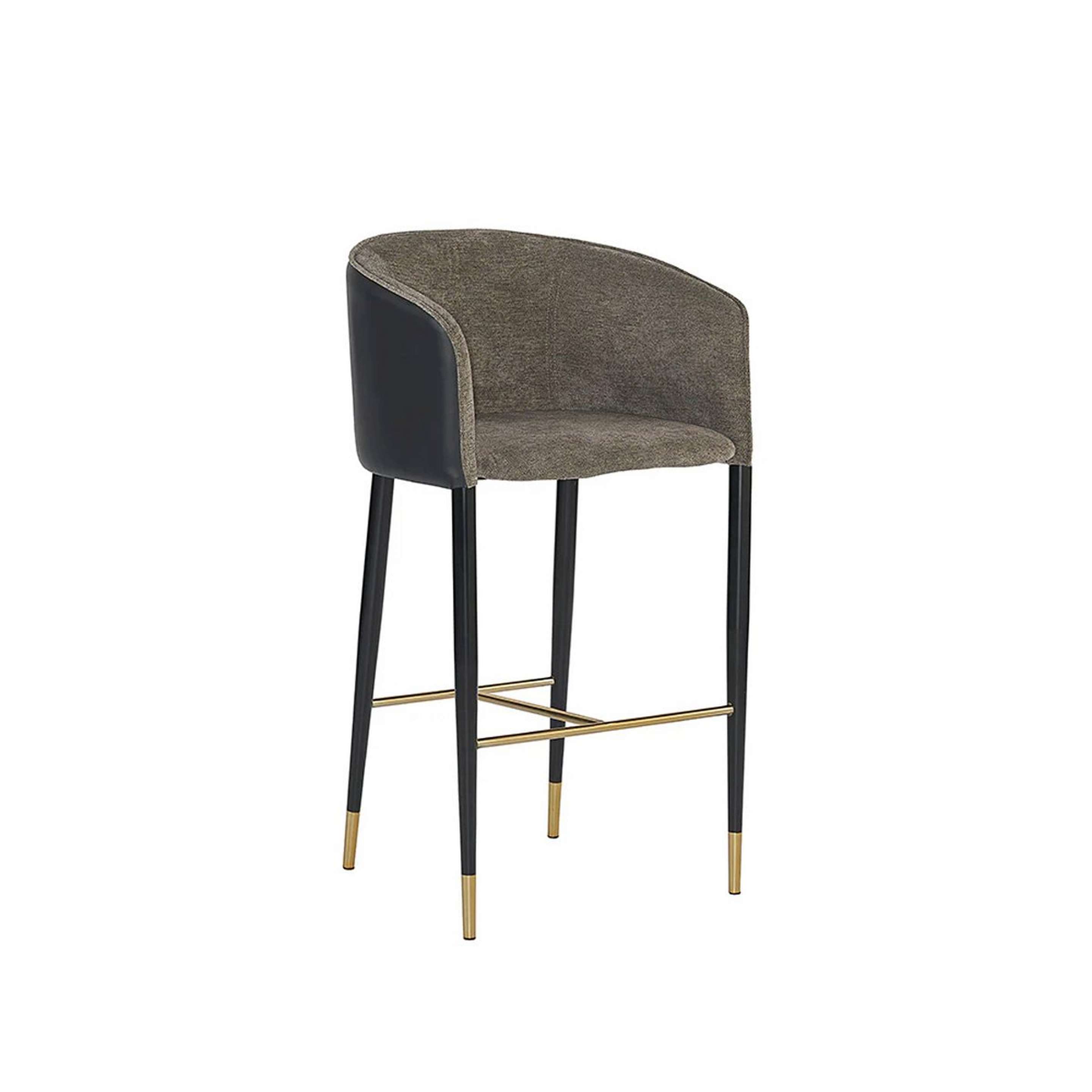 A Lyra Bar Stool with Warm Gray Upholstery / Black Faux Leather / Black / Gold color