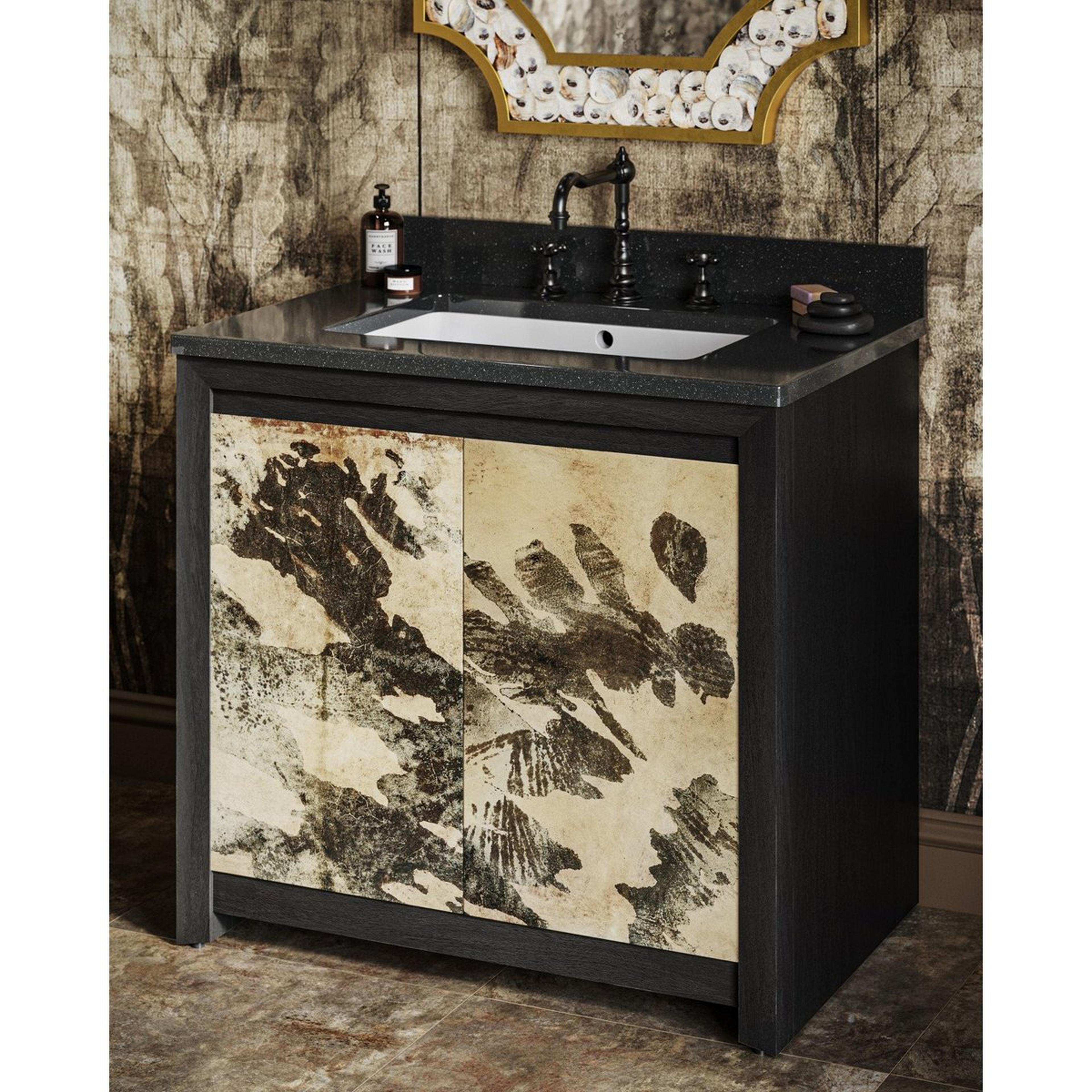 A Kuresa 36" Bath Vanity with Black / Ivory Faux Bone color
