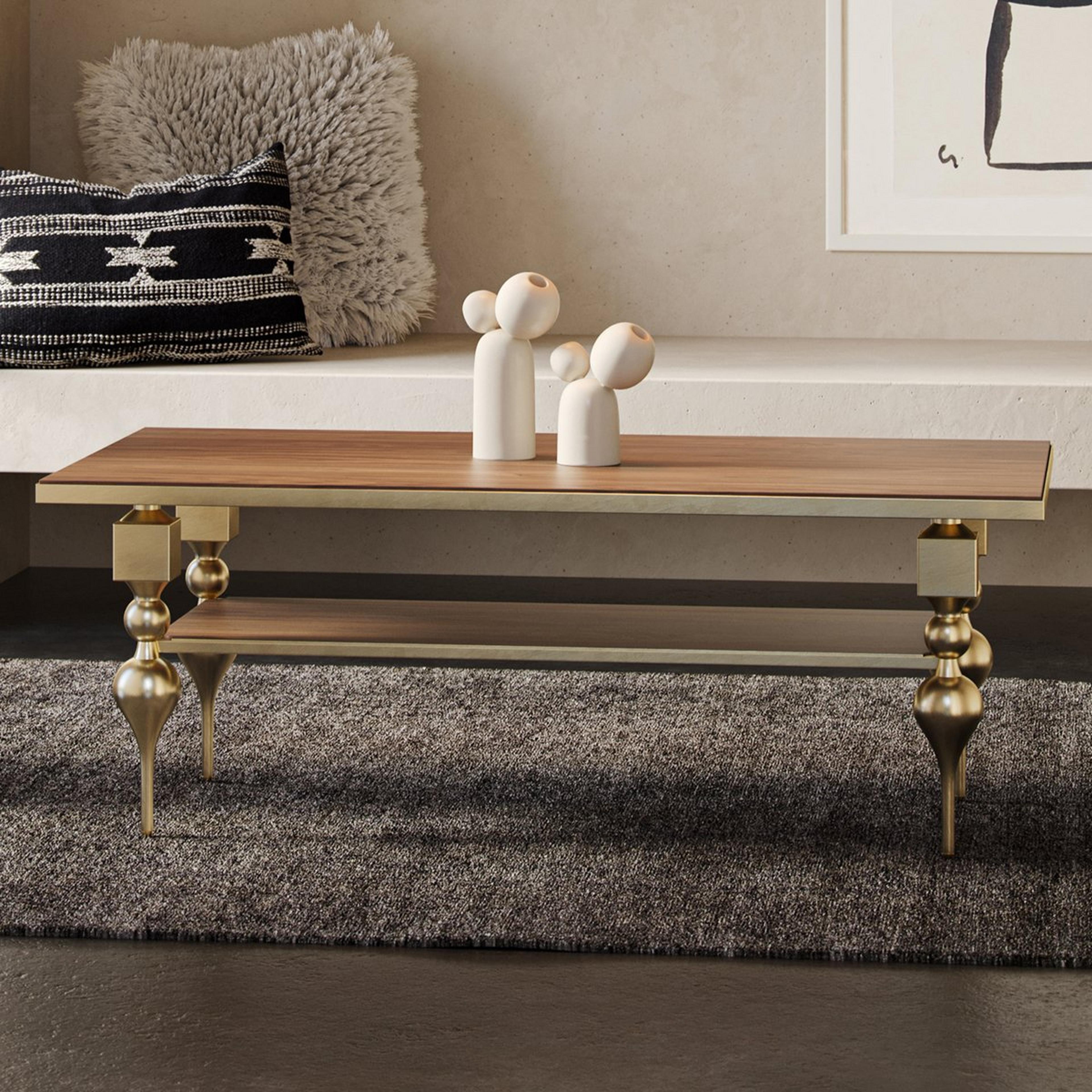 A Reinhardt Coffee Table with Brushed Brass / Walnut Wood color