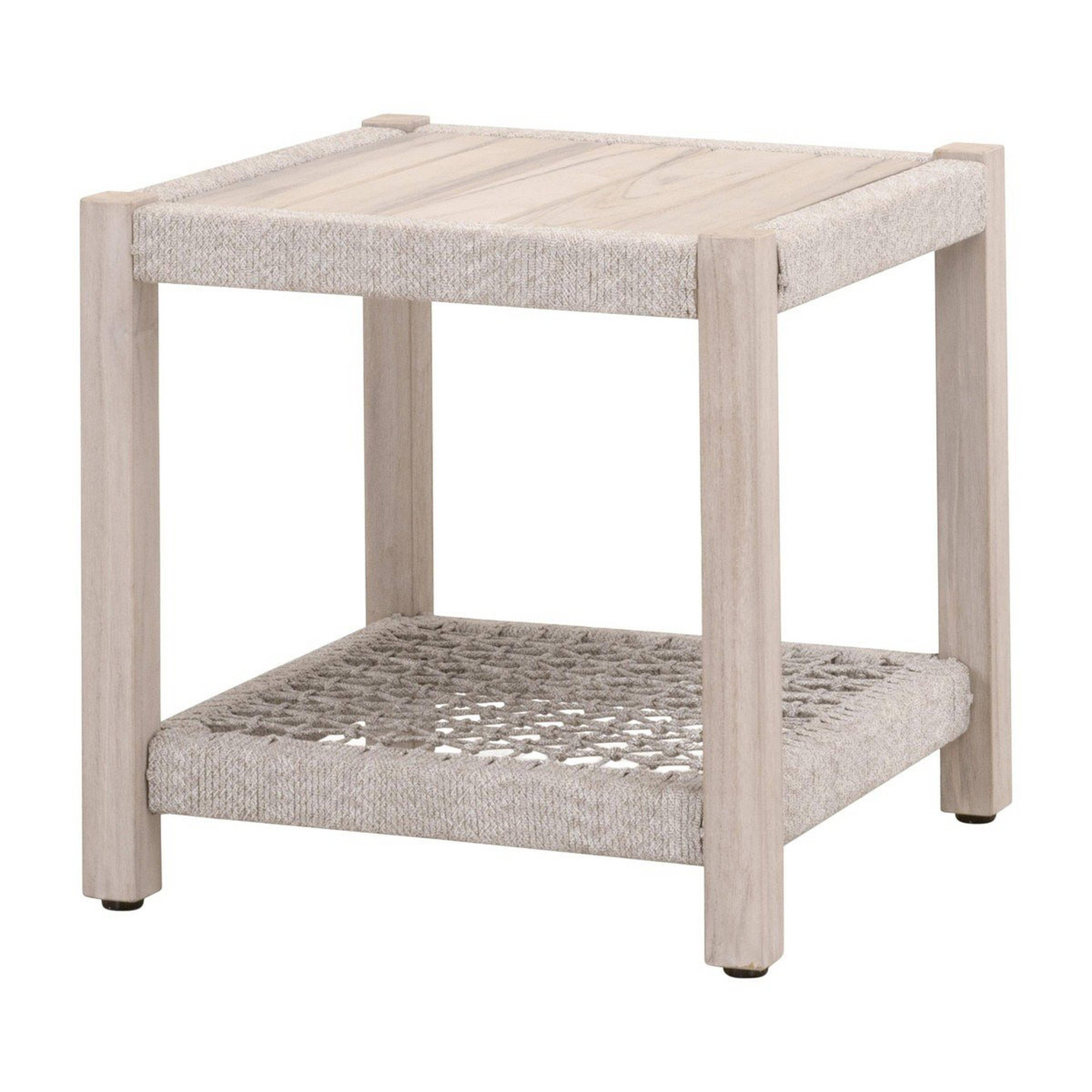 A Nabila Outdoor End Table with Taupe and White Rope / Light Wood color