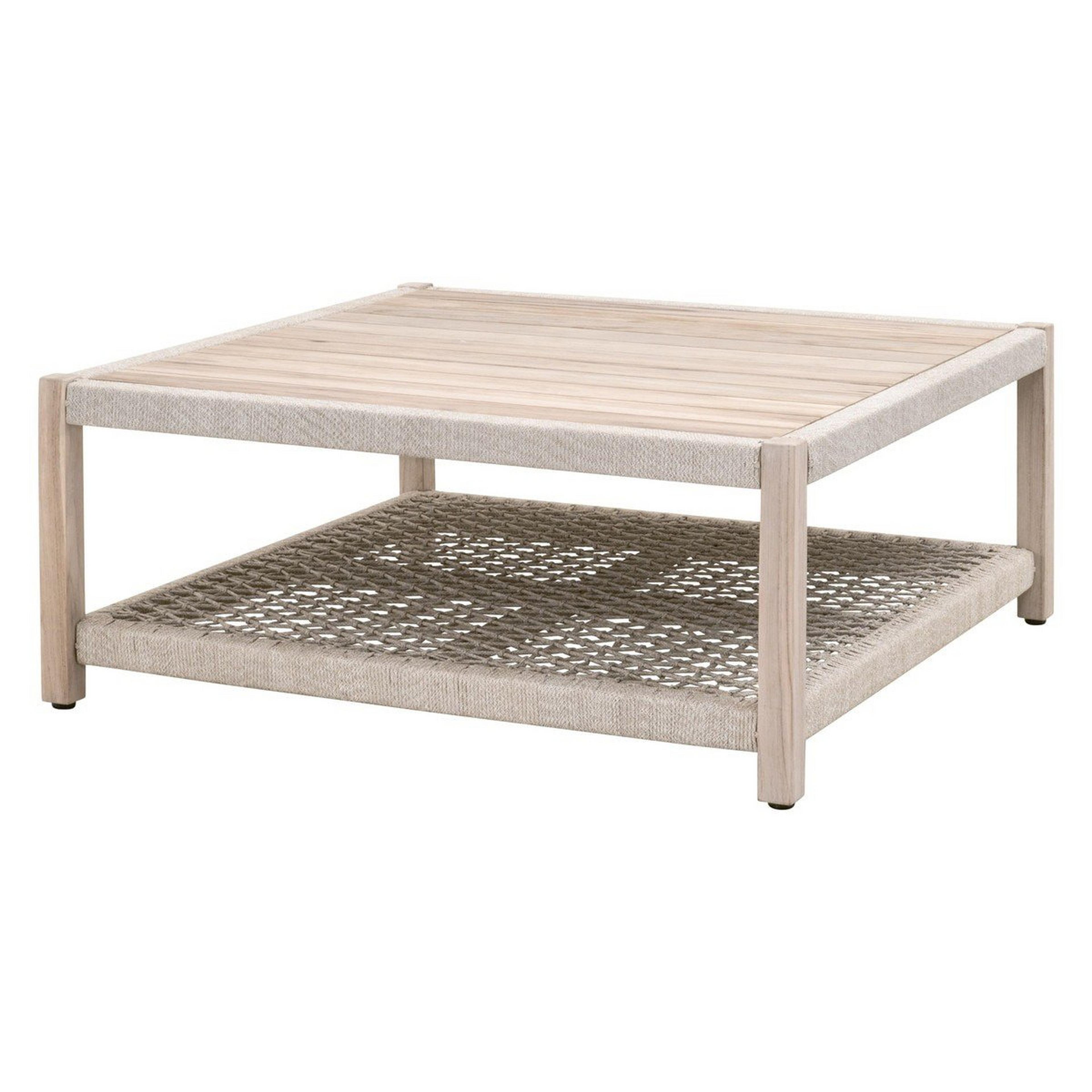 A Nabila Outdoor Coffee Table with Taupe and White Rope / Light Wood color