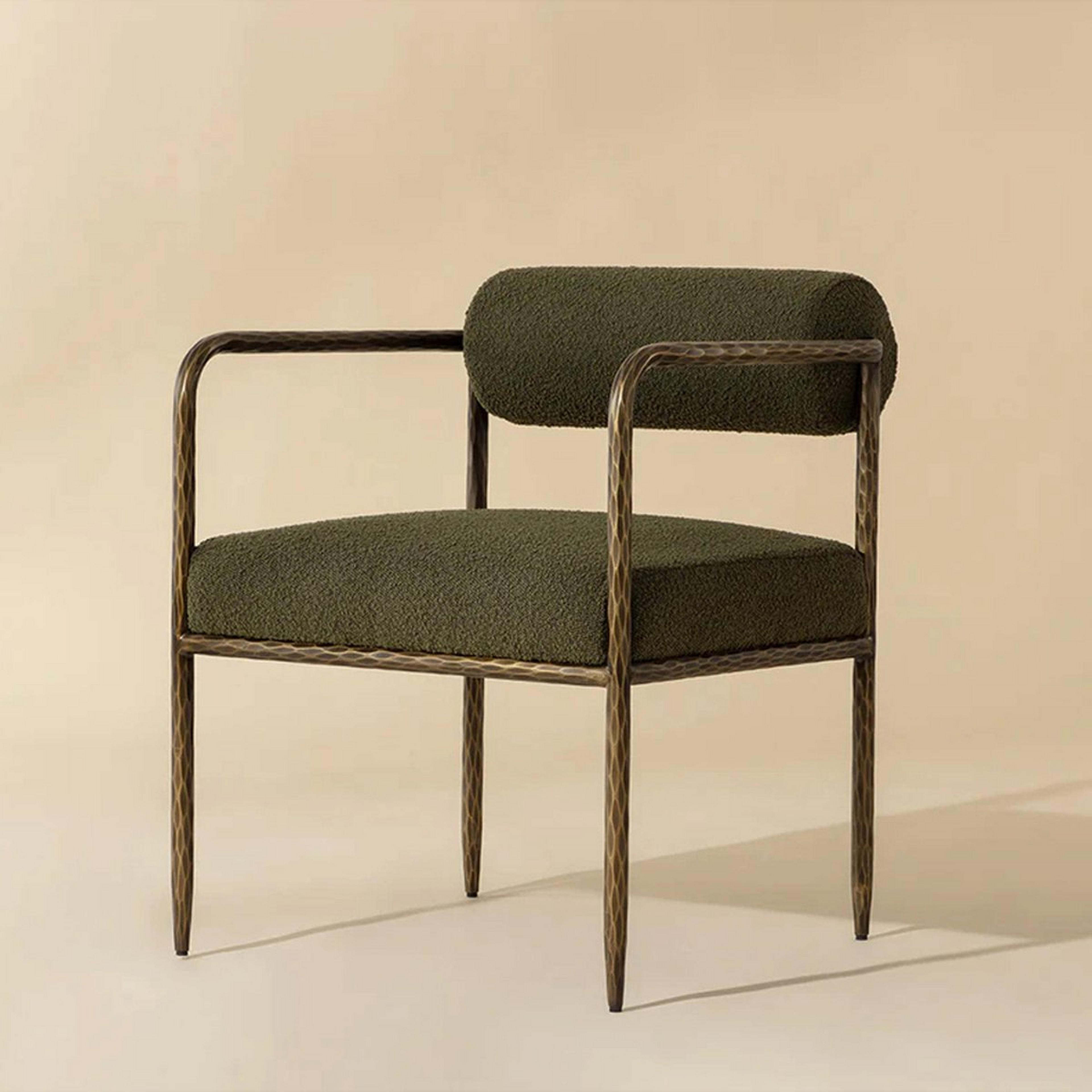 A Arghavan Dining Chair - Boucle with Hammered Iron / Olive Boucle Upholstery color