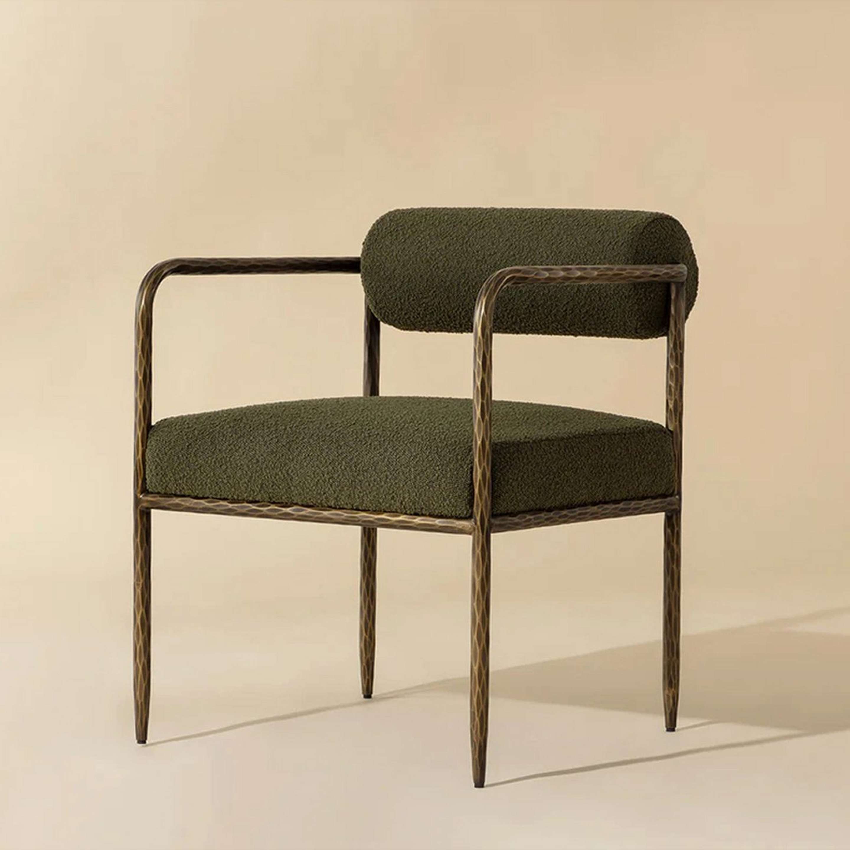 A Arghavan Dining Chair - Boucle with Hammered Iron / Olive Boucle Upholstery color