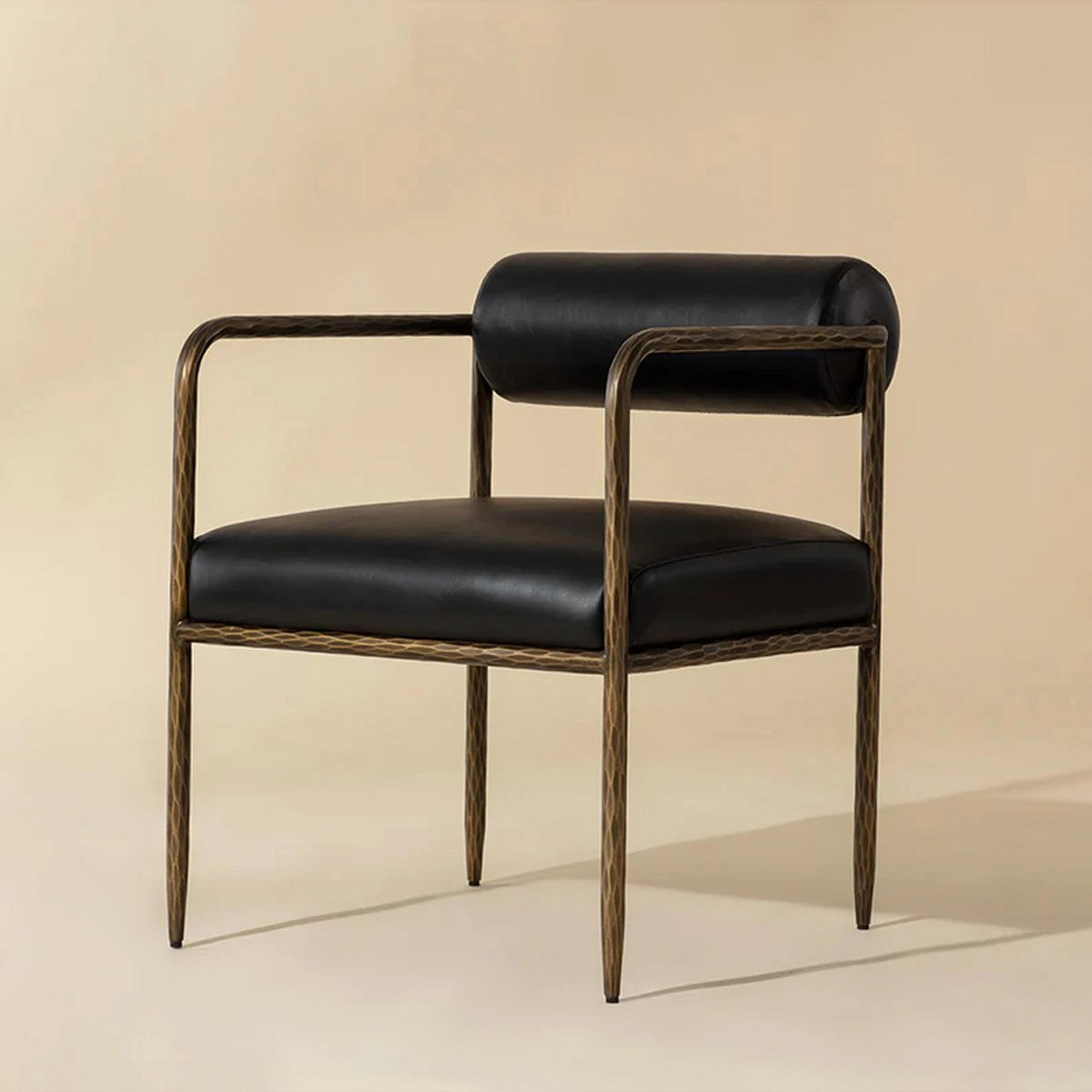 A Arghavan Dining Chair - Leather with Hammered Iron / Black Leather color