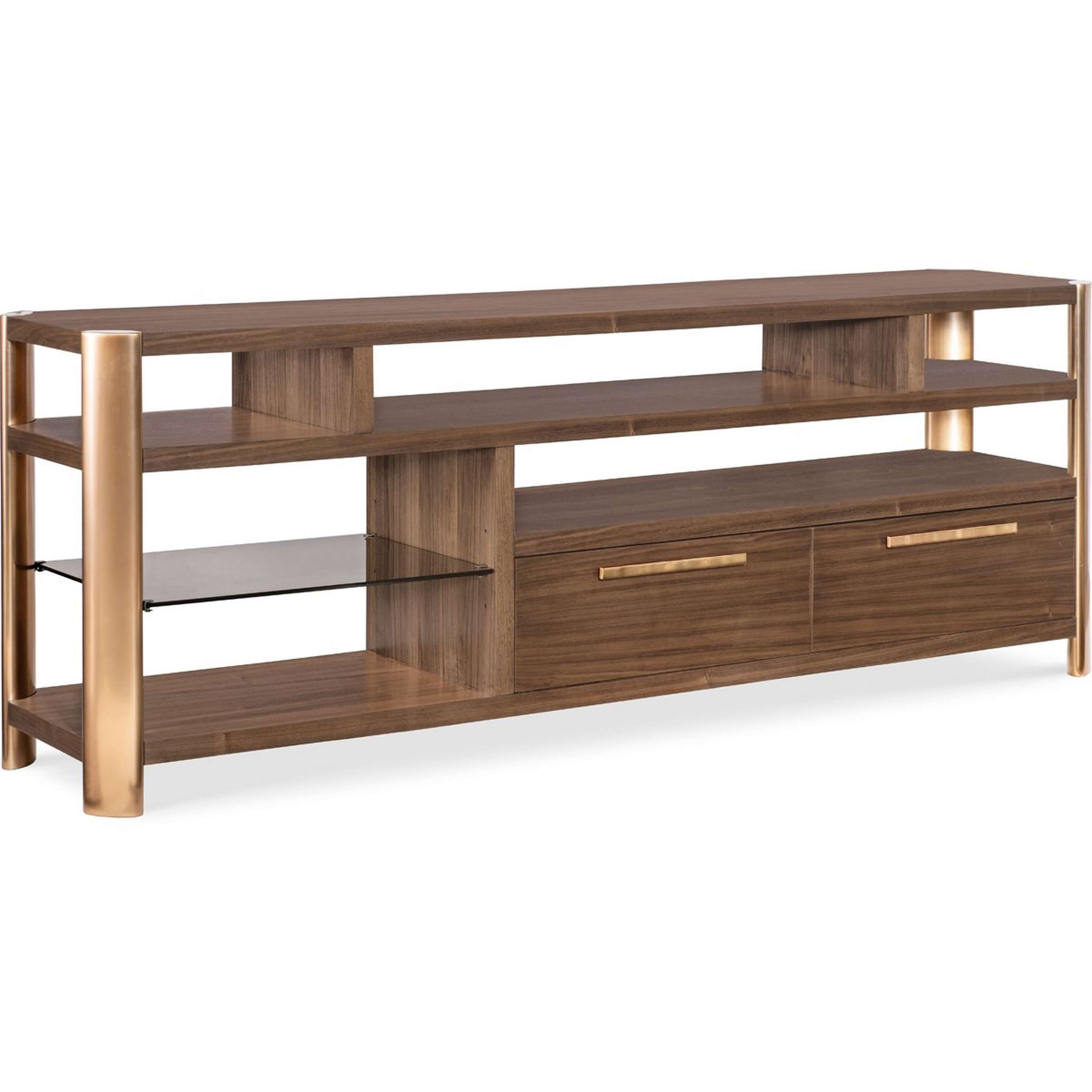 A Cecily Low Open Shelf with Dark Walnut / Brass / Glass color