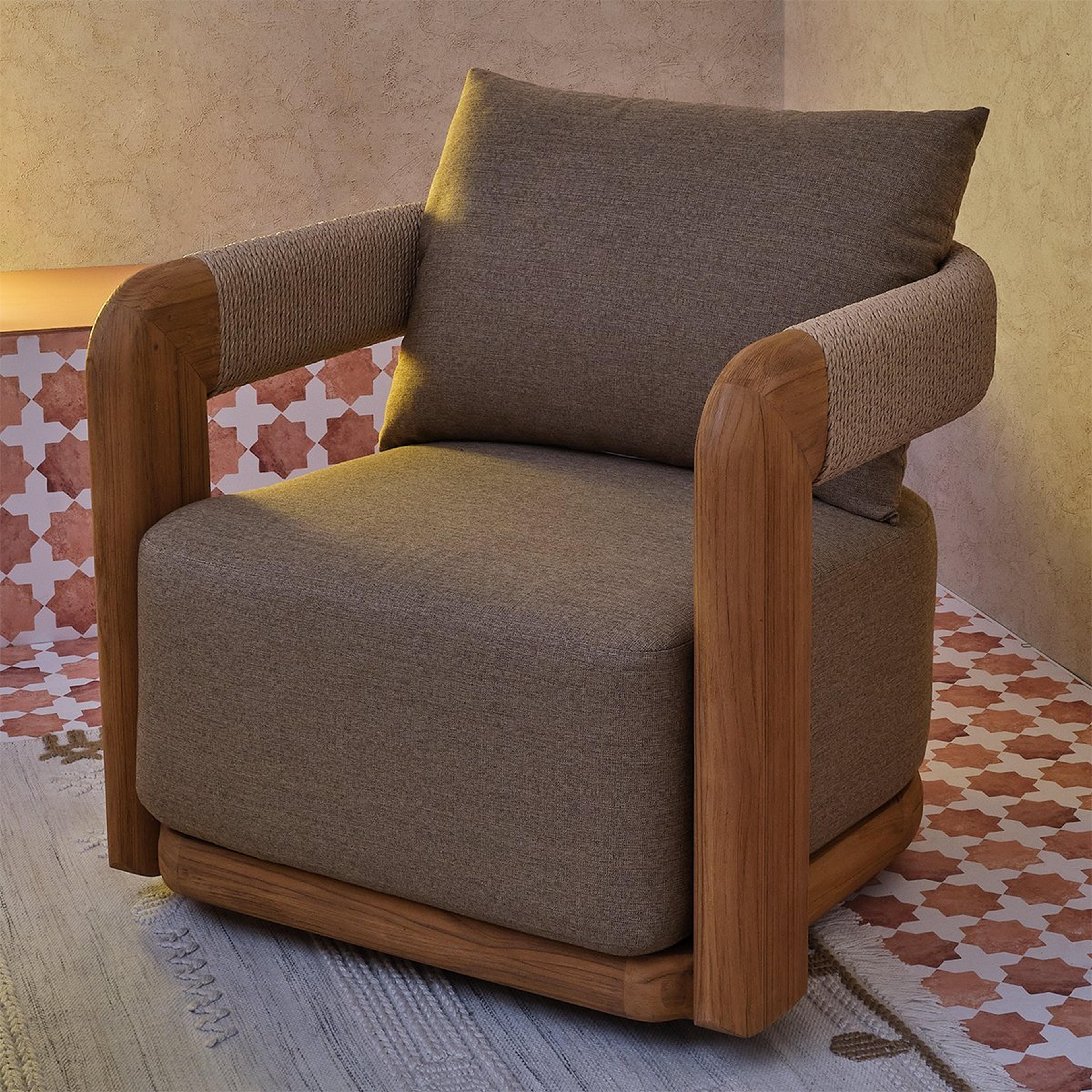 A Rope Arm Outdoor Swivel Chair with Natural Solid Teak color