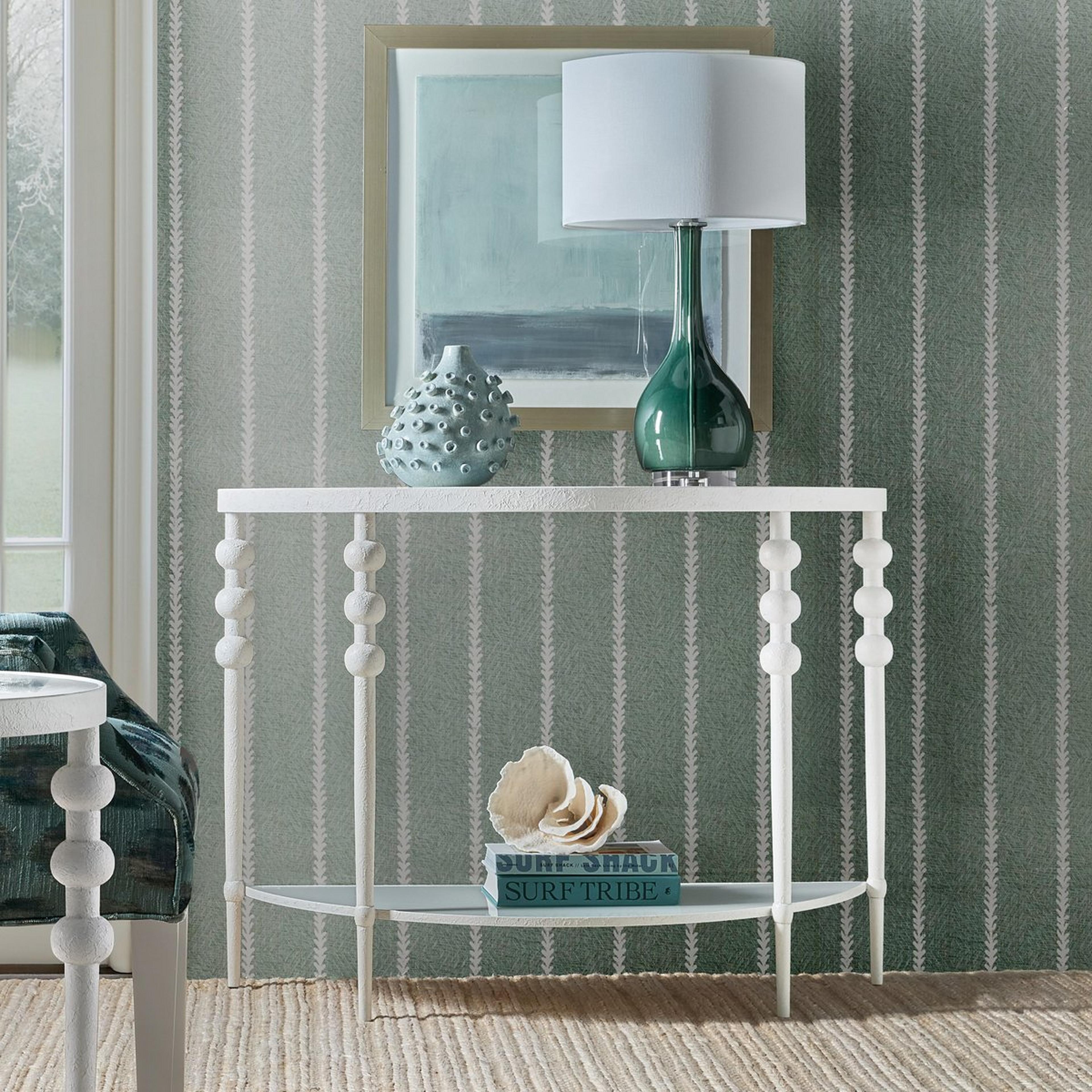 A Vogelsong Half Moon Console Table with Textured White / Clear Glass color