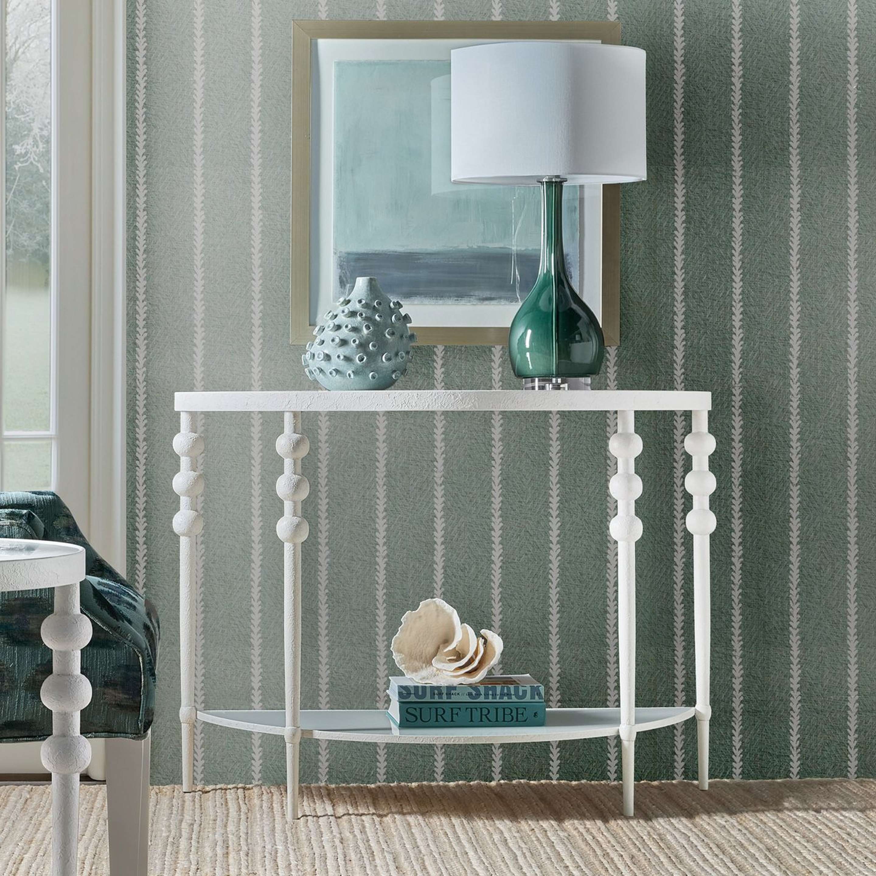 A Vogelsong Half Moon Console Table with Textured White / Clear Glass color